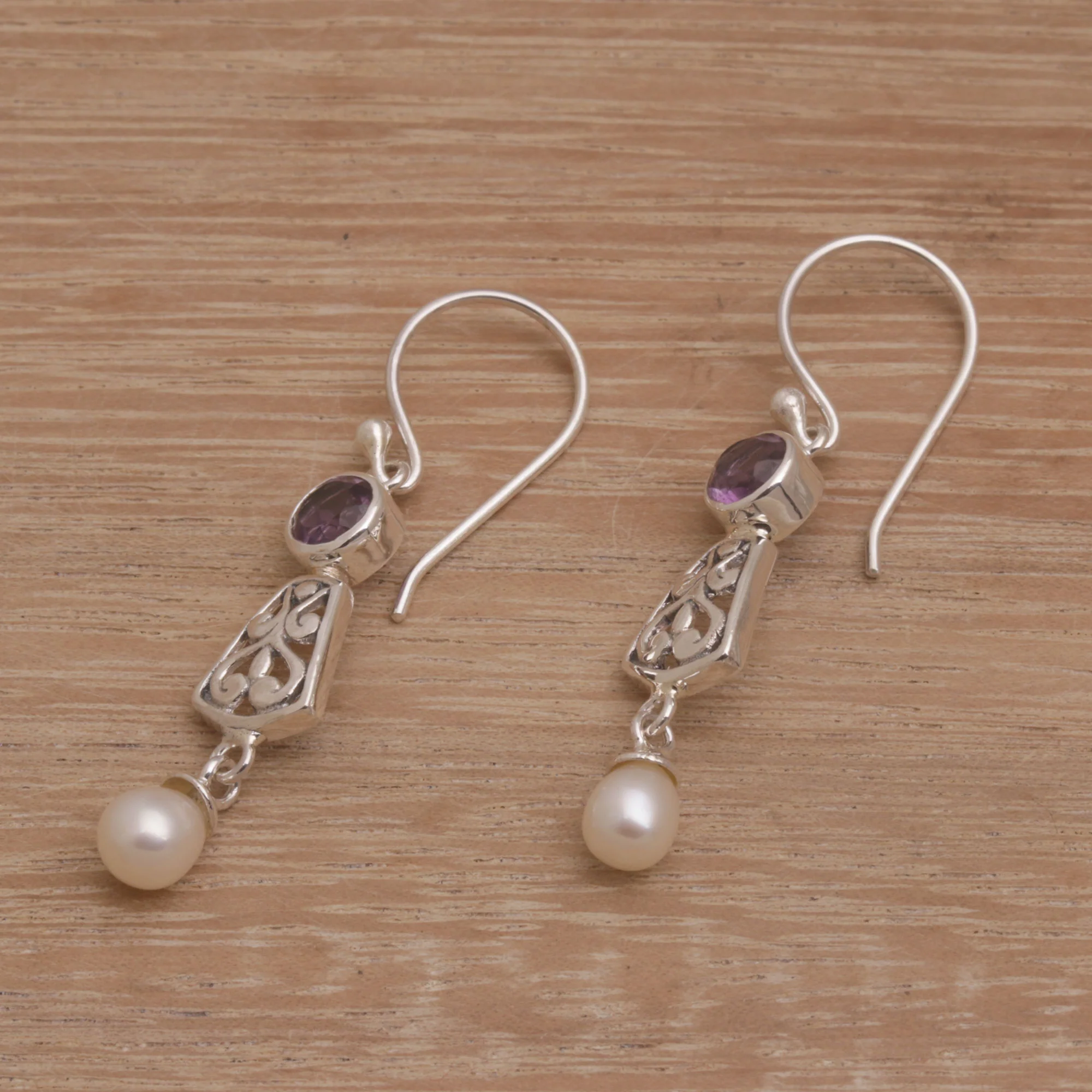 Gracious Offering Hook Earrings with Amethyst and Cultured Pearl - Image 3