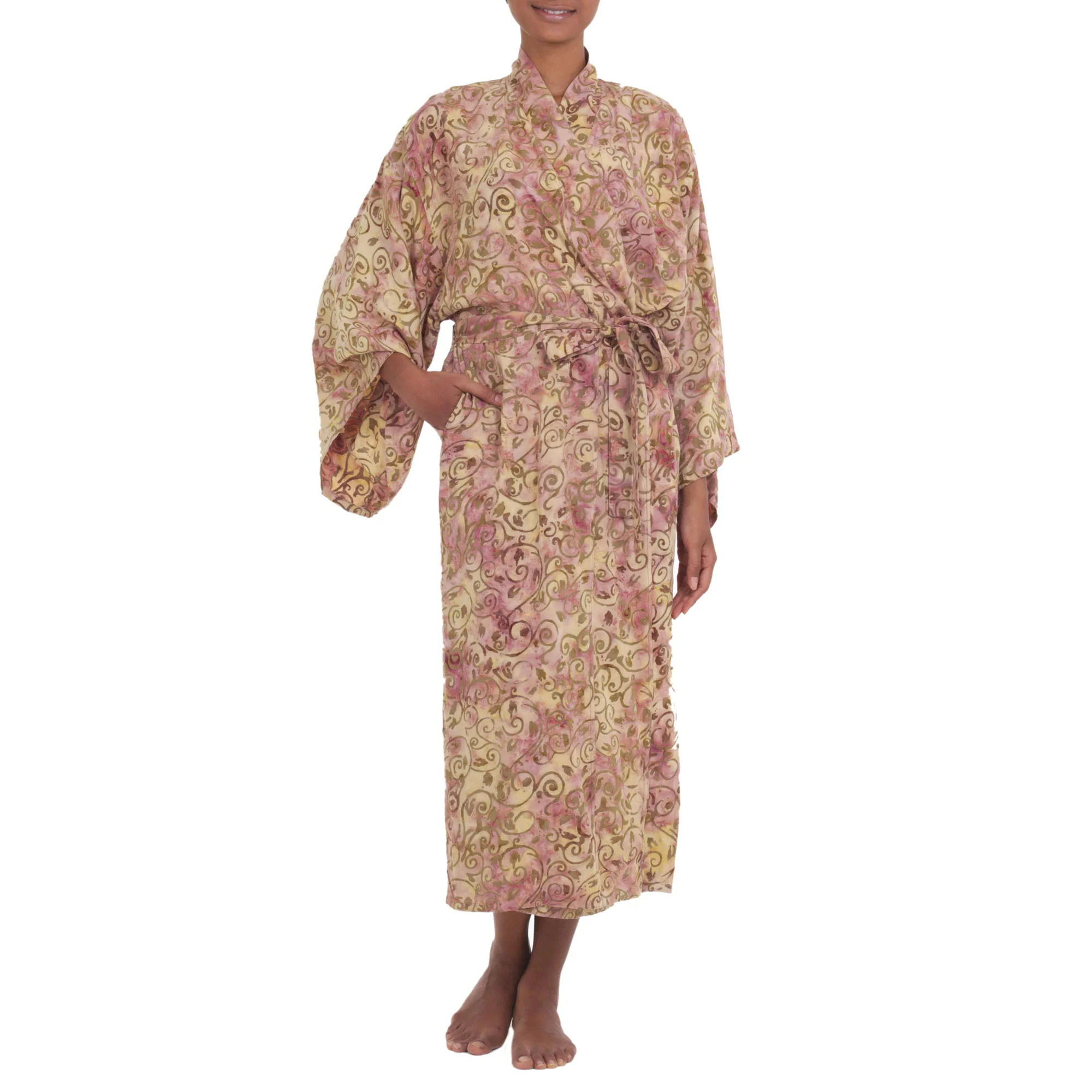 Grand Floral Beige Rayon Batik Robe - Image 3