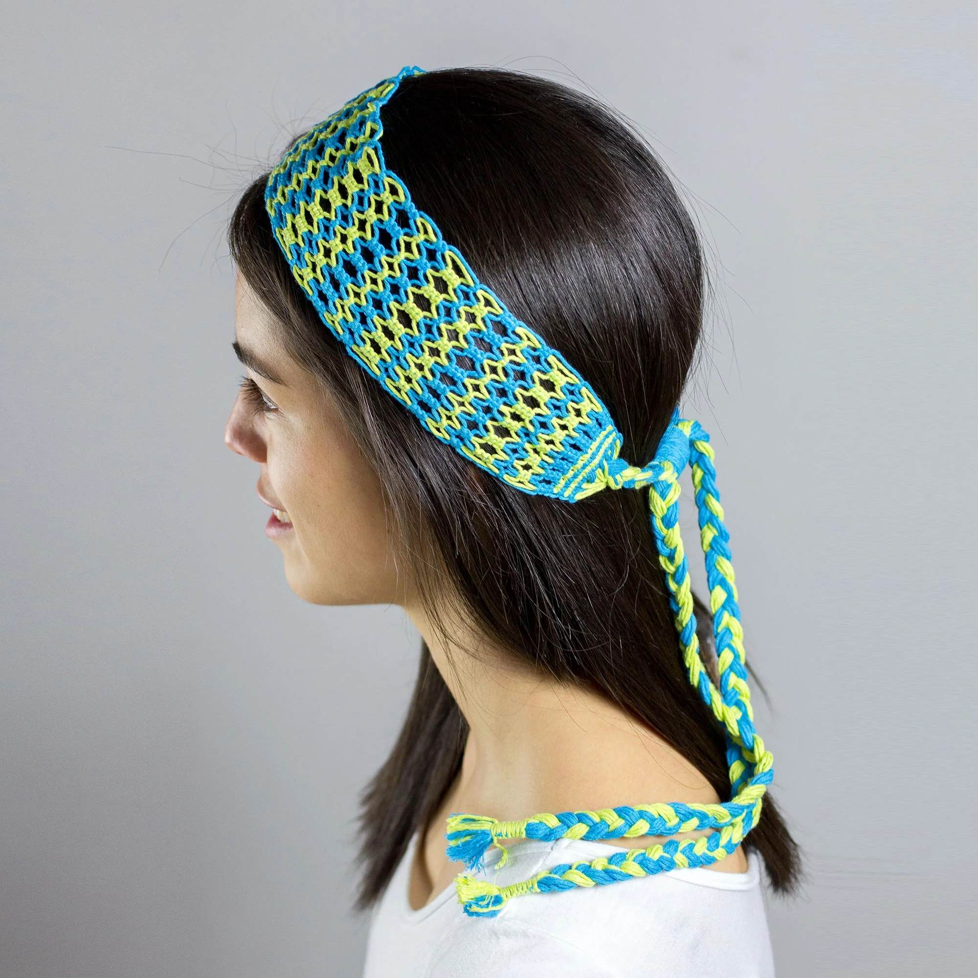 Grassy Shores Handcrafted Yellow and Blue Stripe Cotton Macramé Headband - Image 5