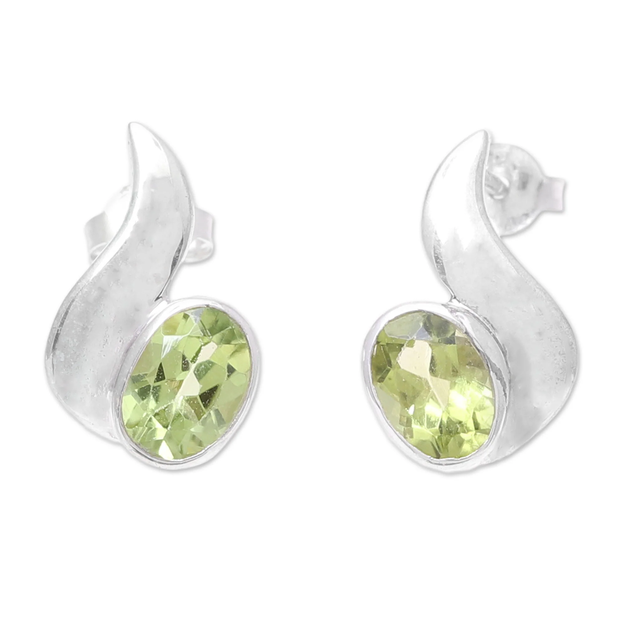 Green Apple Glow Oval Faceted Peridot and Sterling Silver Drop Earrings - Image 2