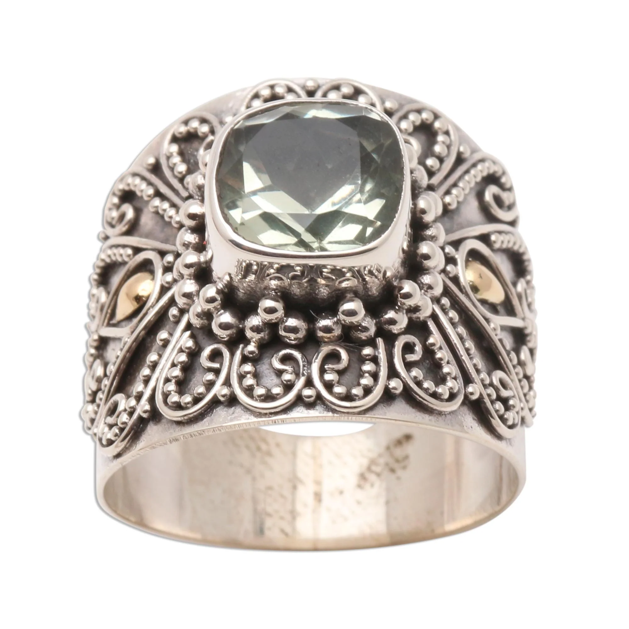 Green Checkerboard Window Bali Gold Accent Silver and Checkerboard Prasiolite Ring - Image 2