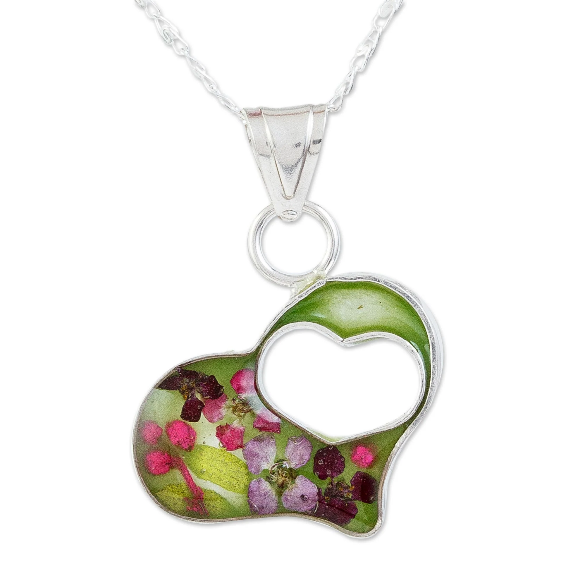 Green Flowered Heart Double Heart Sterling Silver and Resin Pendant Necklace - Image 2