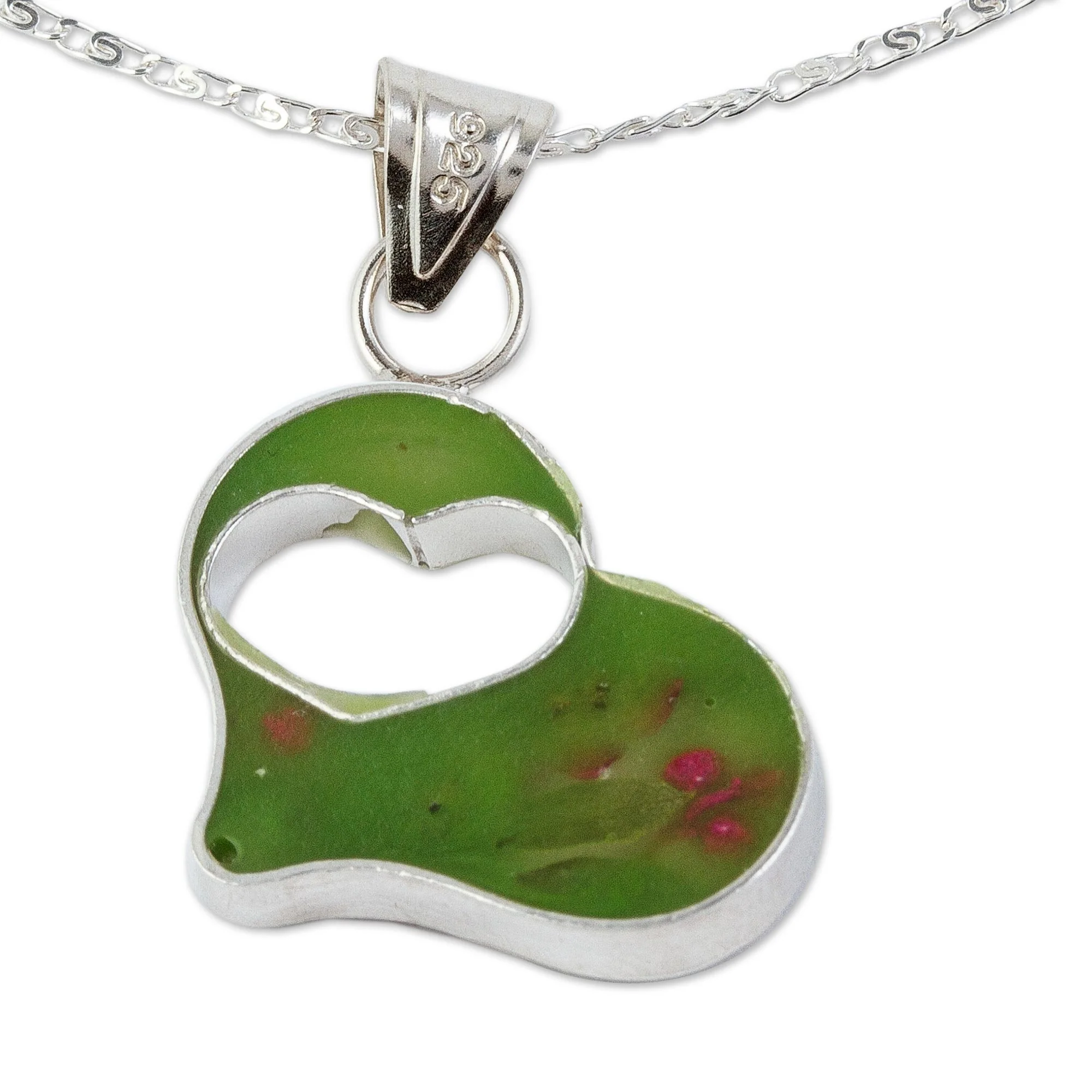 Green Flowered Heart Double Heart Sterling Silver and Resin Pendant Necklace - Image 3