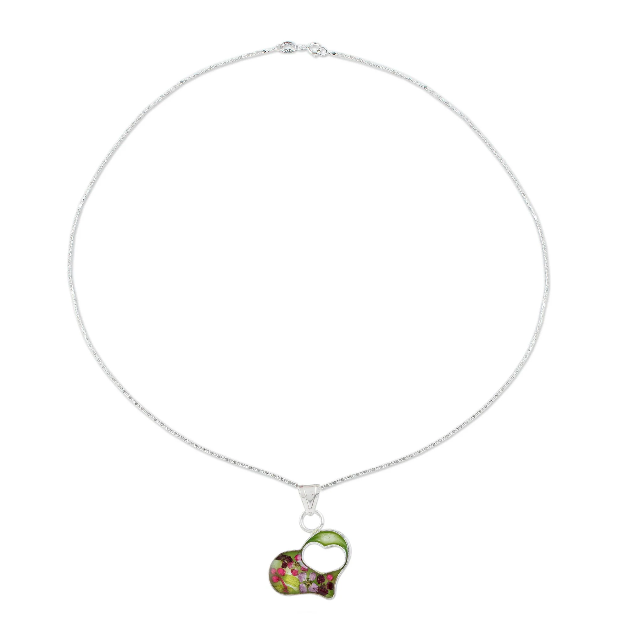 Green Flowered Heart Double Heart Sterling Silver and Resin Pendant Necklace - Image 4