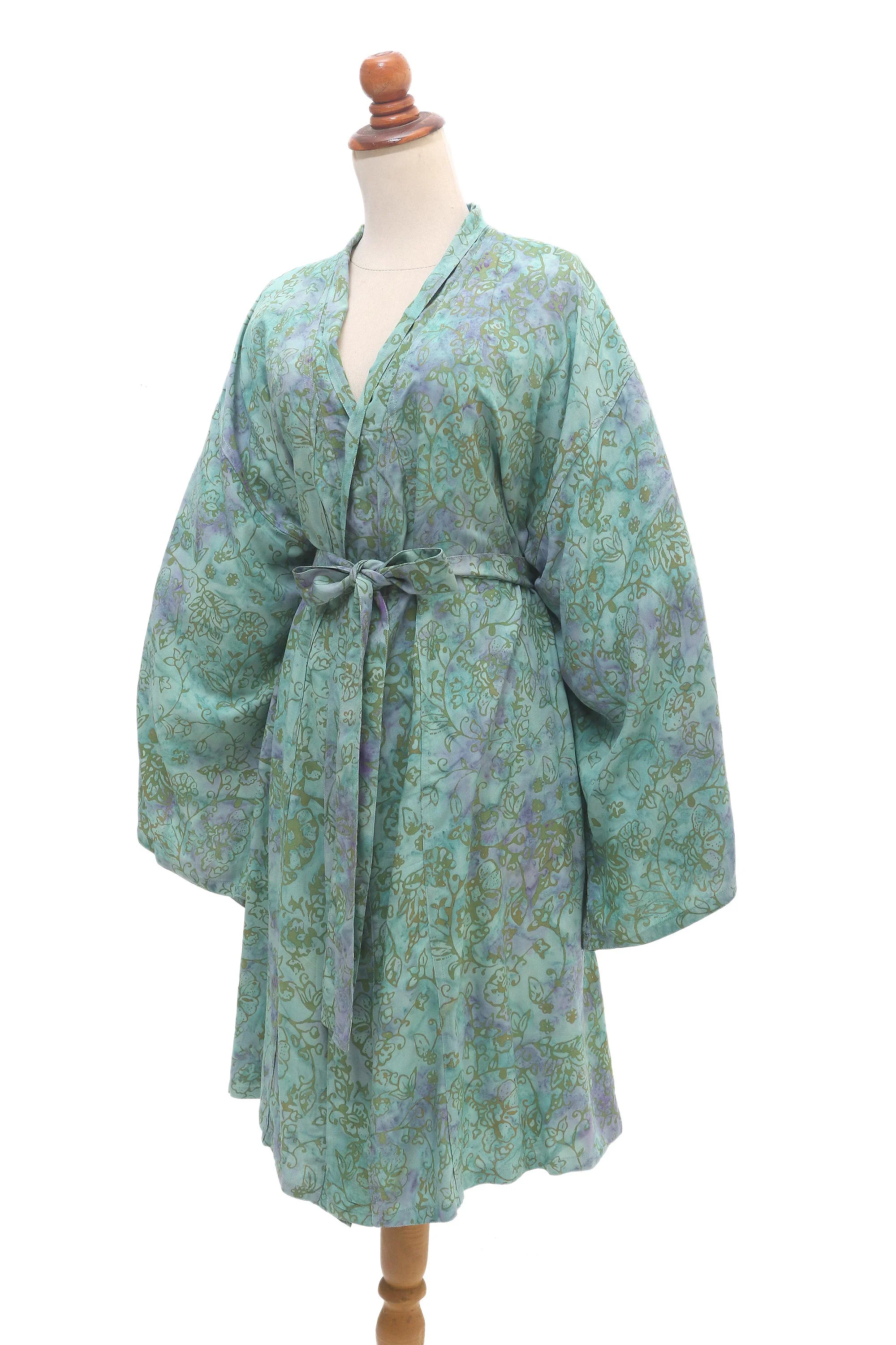 Green Gardens Hand-Painted Tie-Dye Rayon Robe - Image 5