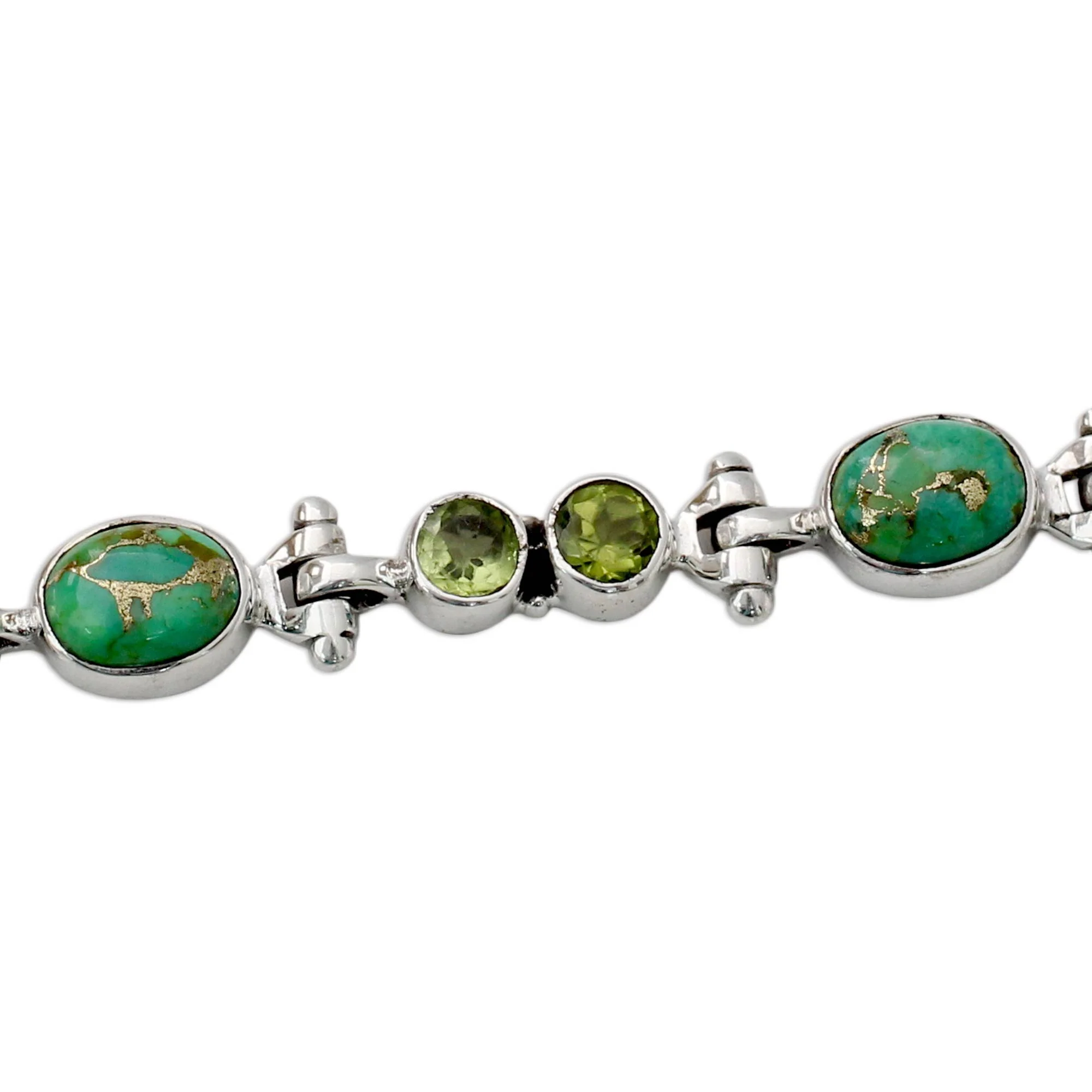 Green Glow Peridot and Reconstituted Turquoise Silver Link Bracelet - Image 4