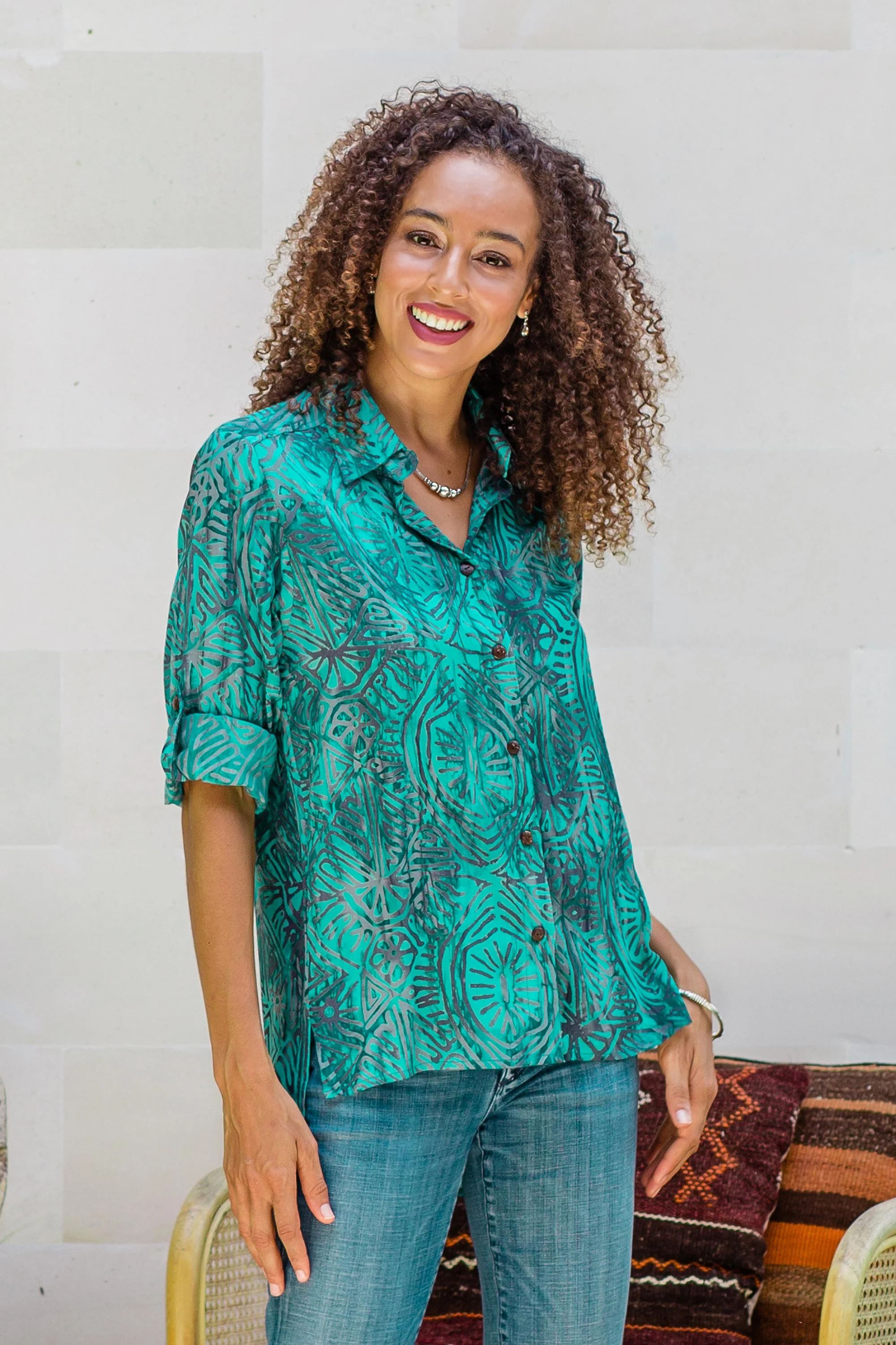 Green Glyphs Rayon Batik Long Sleeve Green-Blue Hi-Low Button Blouse - Image 4