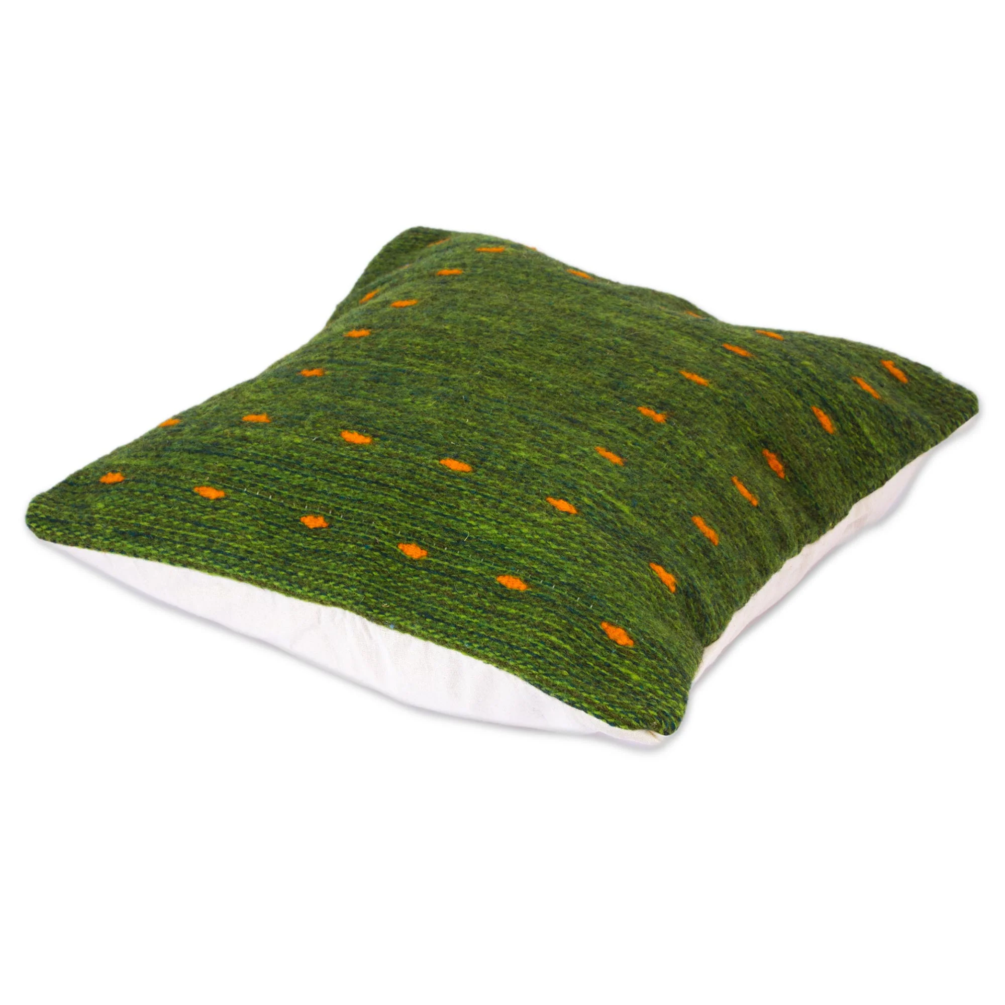 Green Hand Woven Wool Throw Pillow Cover, 'Dotted Passion In Green' - Image 4