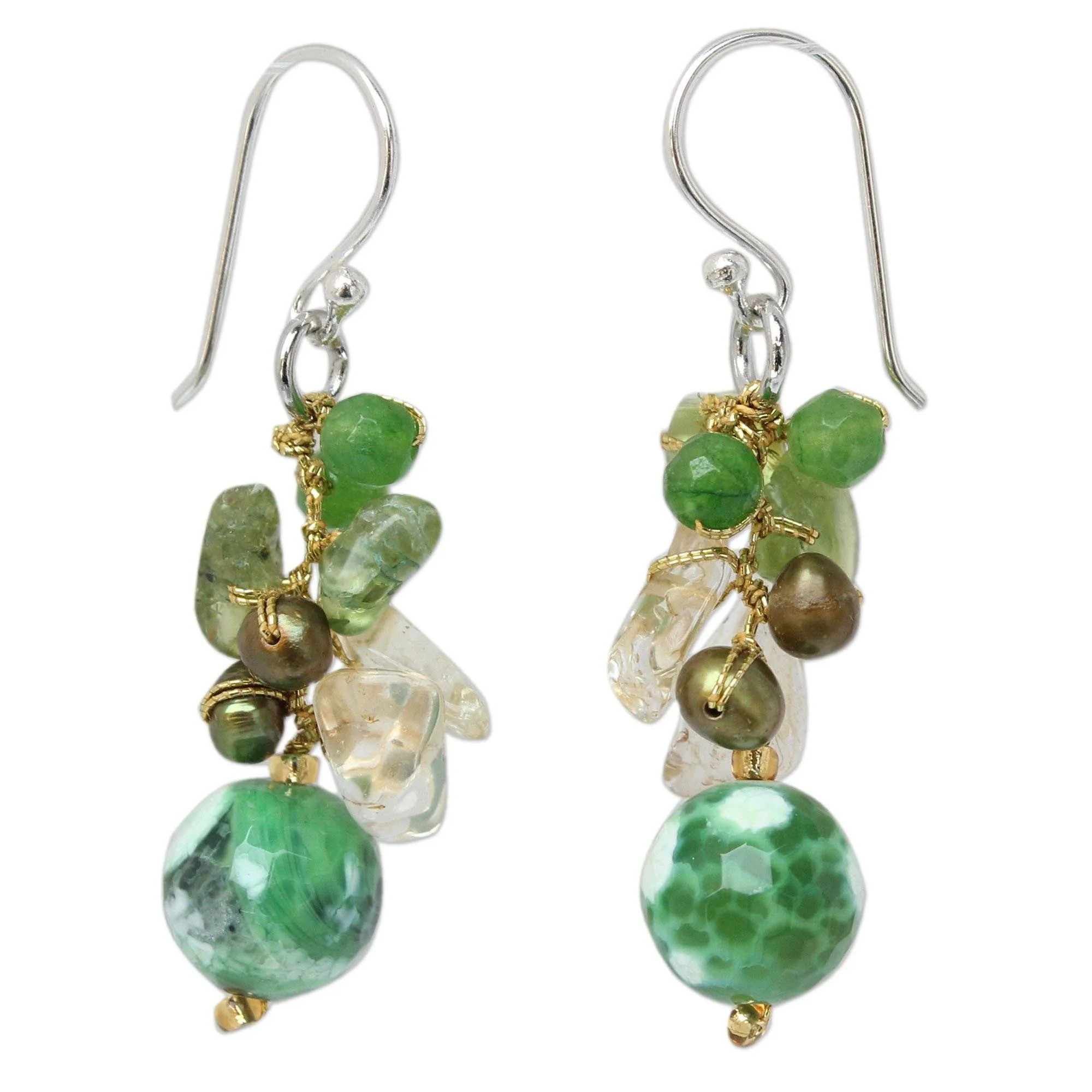 Green Multi-Gem & Pearl Beaded Earrings - Image 2