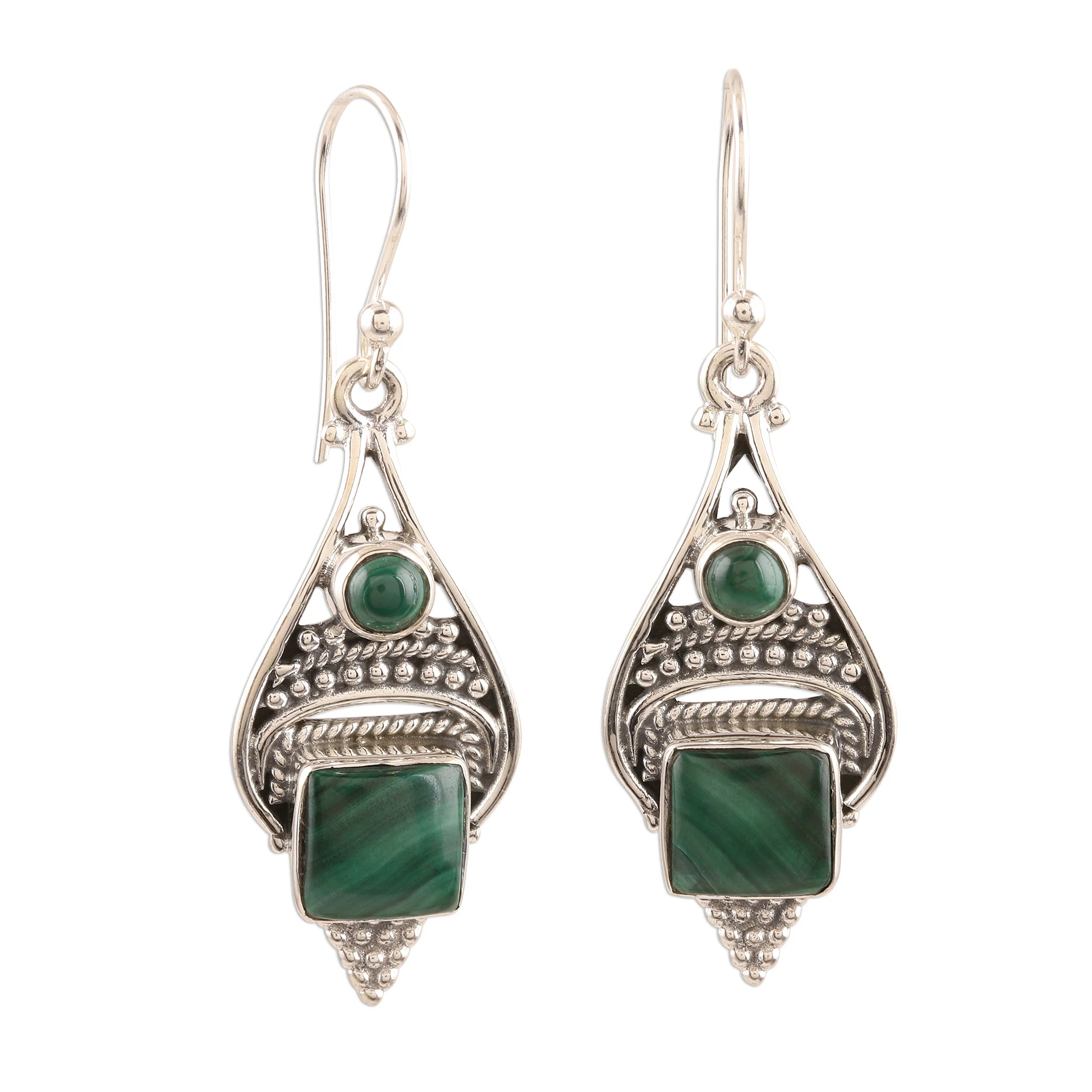 Green Ocean Malachite Cabochon and Sterling Silver Dangle Earrings - Image 2