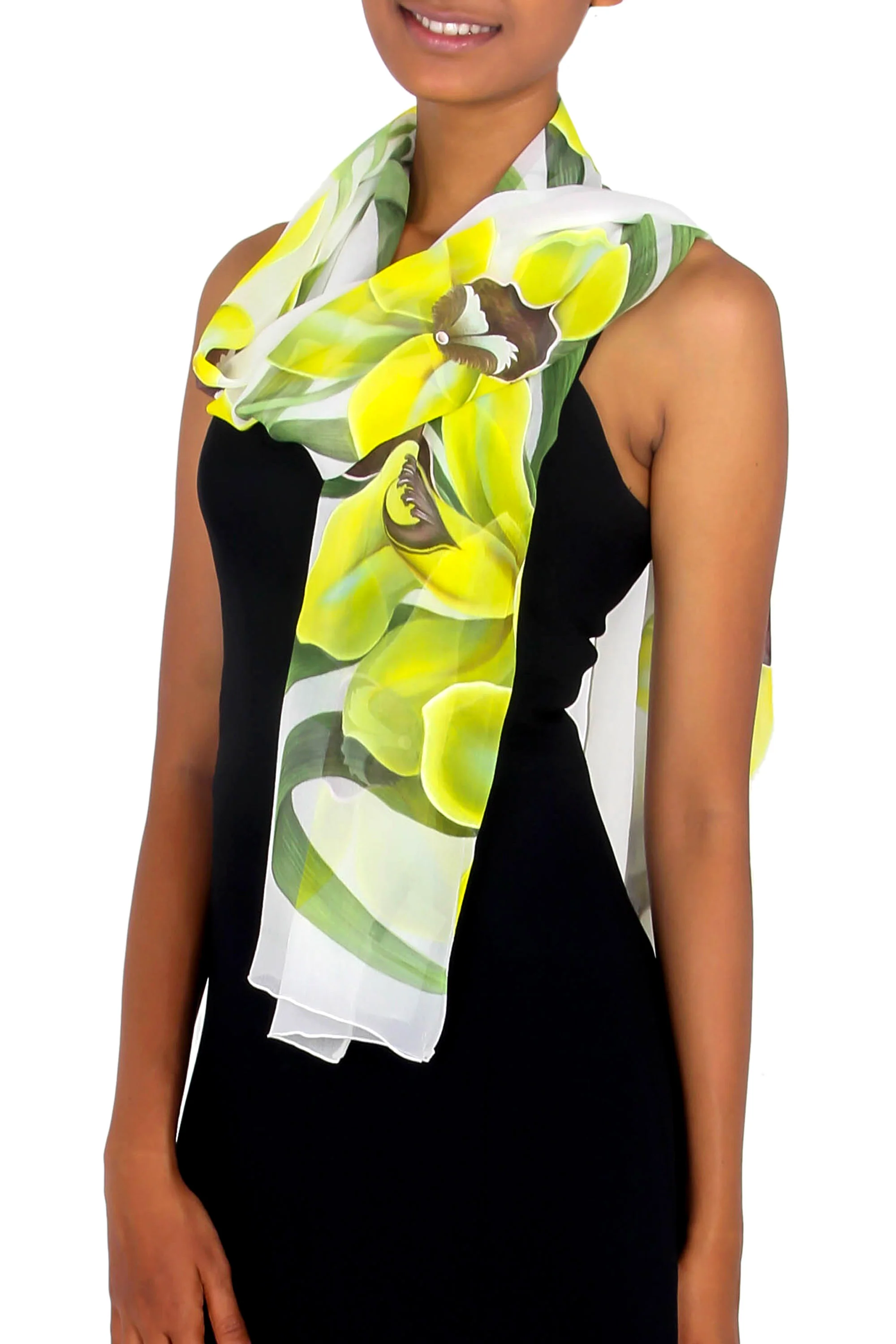 Green Orchid Handpainted Silk Shawl - Image 3