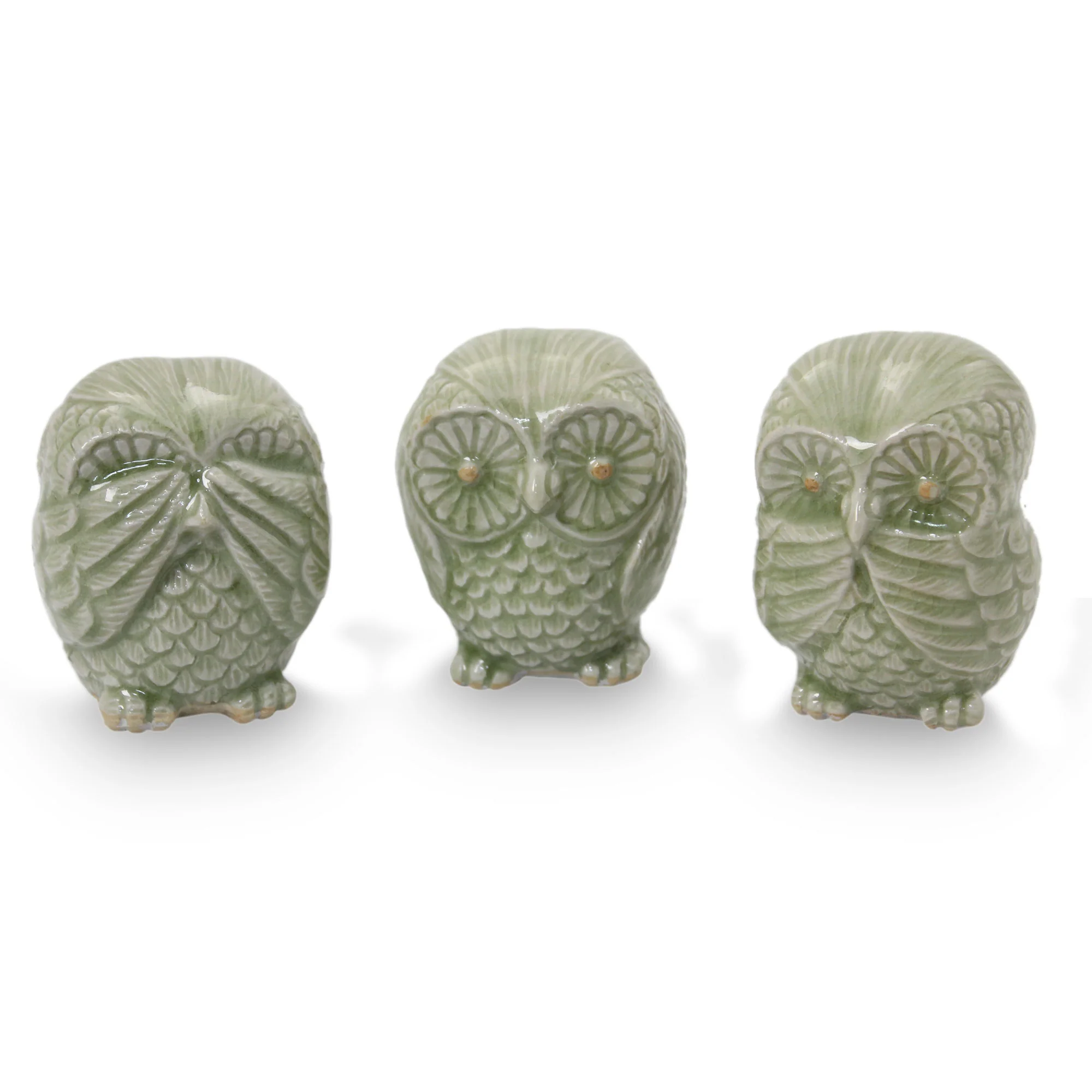 Green Owl Trio Fair Trade Green Celadon Ceramic Owl Statuettes (set of 3) - Image 2