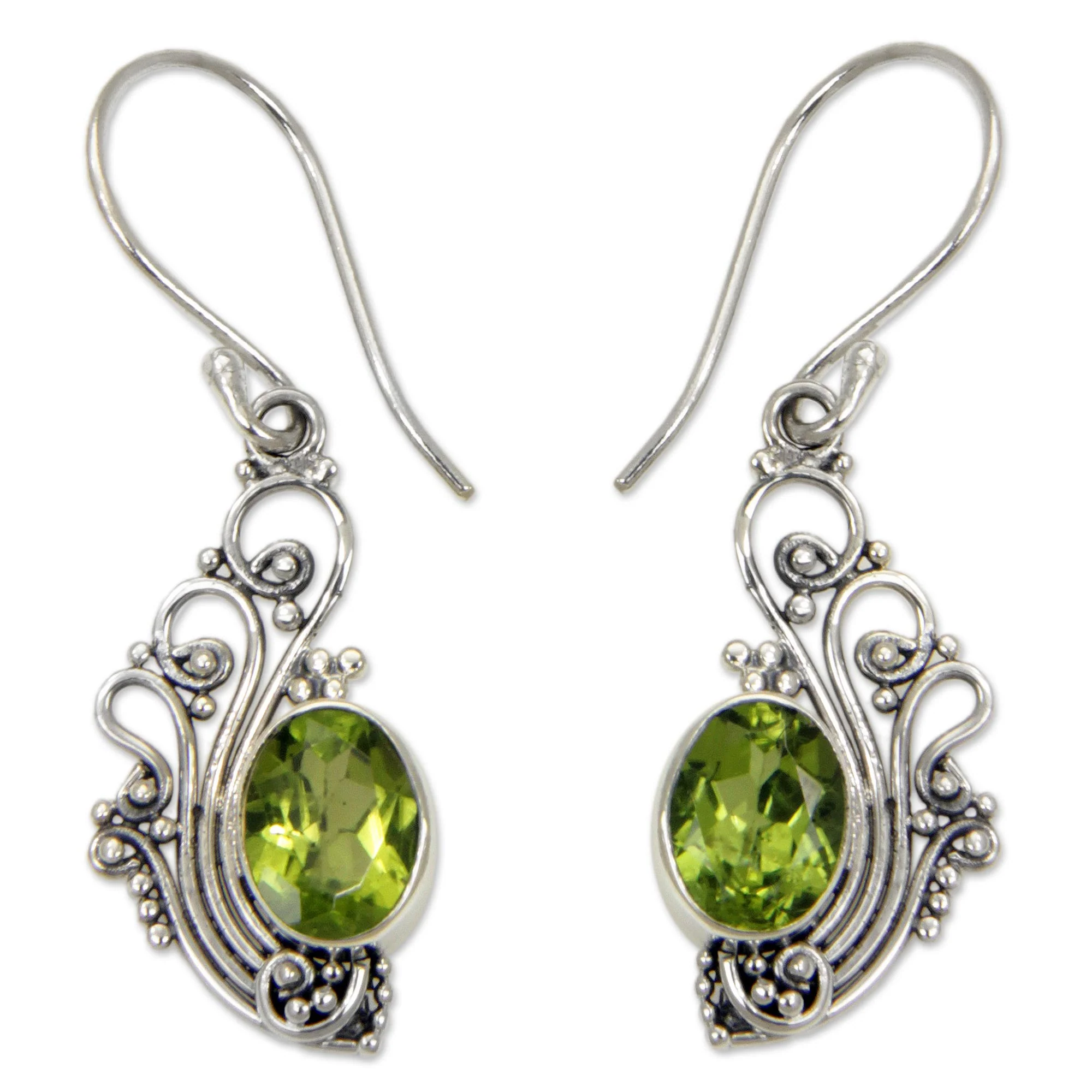 Green Peacock Feather Peridot Silver Dangle Earrings - Image 2