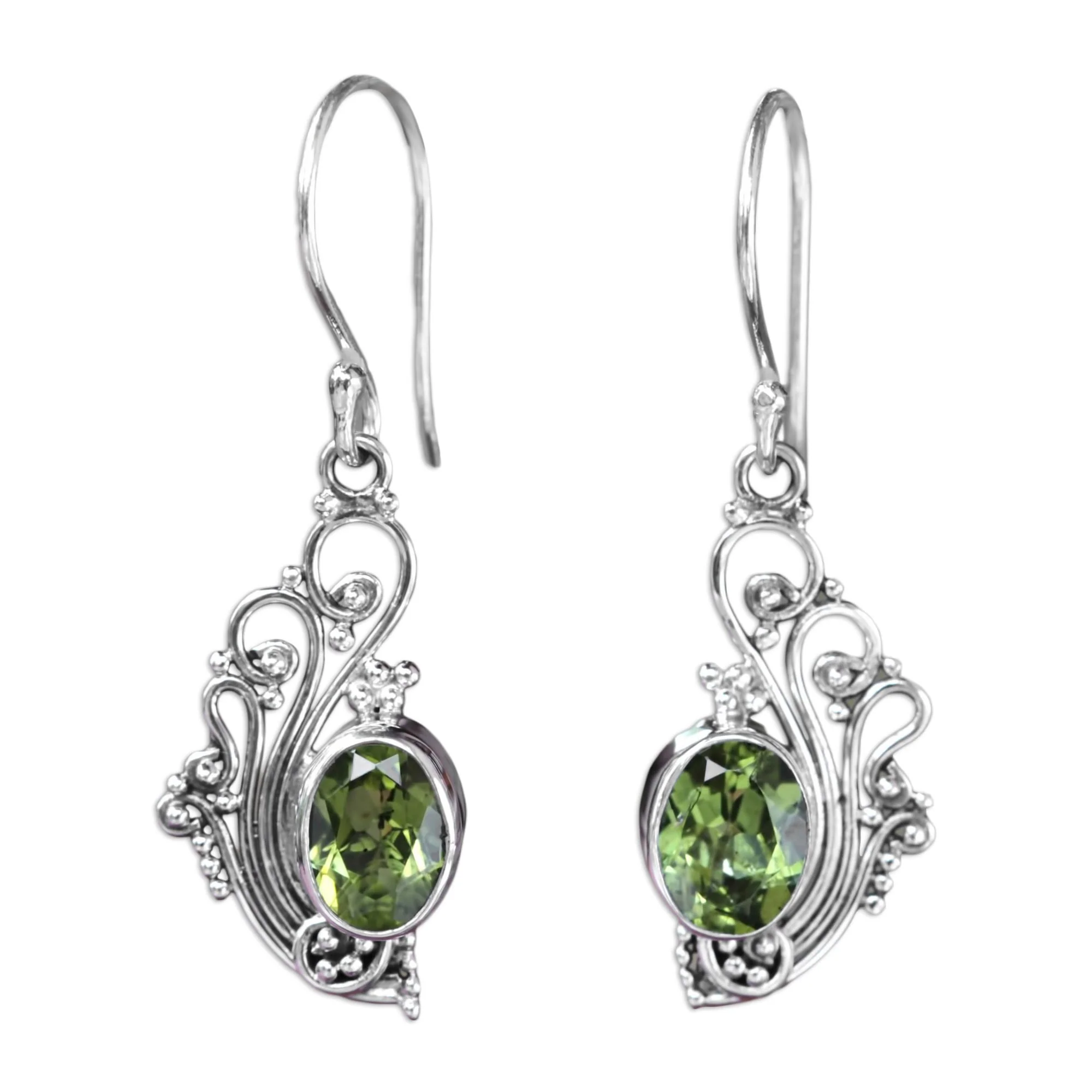 Green Peacock Feather Peridot Silver Dangle Earrings - Image 3