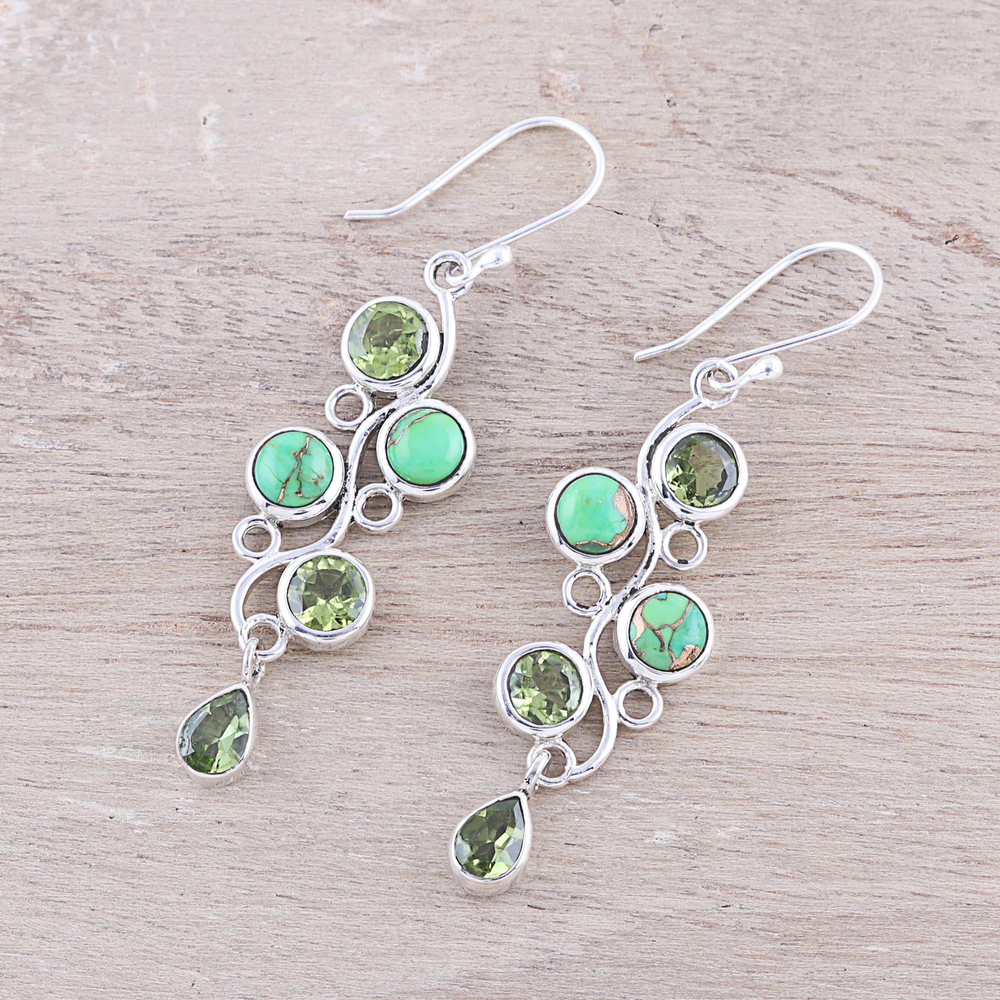 Green Sheen Peridot and Composite Turquoise Dangle Earrings from India - Image 3