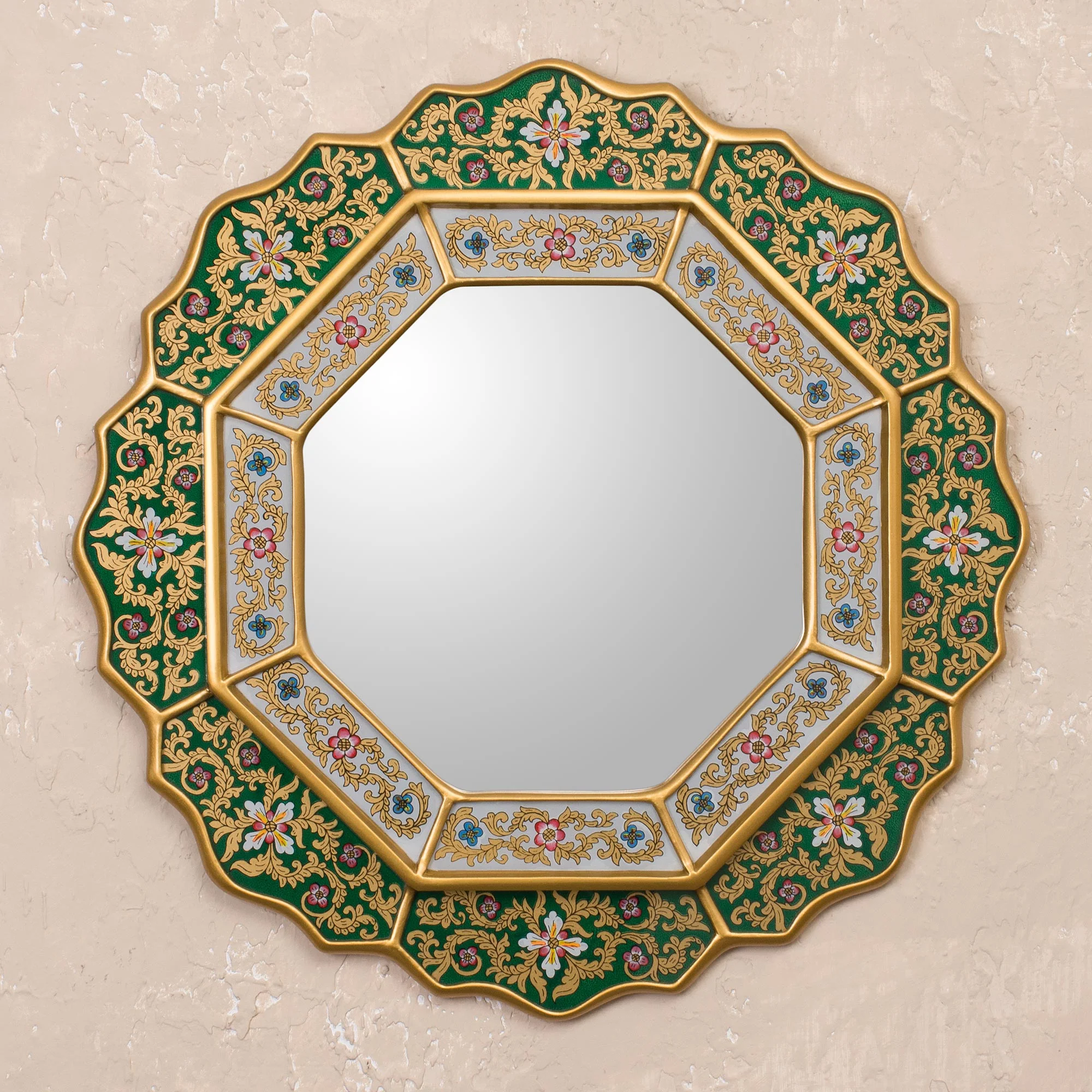 Green Star Green Floral Fair Trade Reverse Painted Glass Wall Mirror