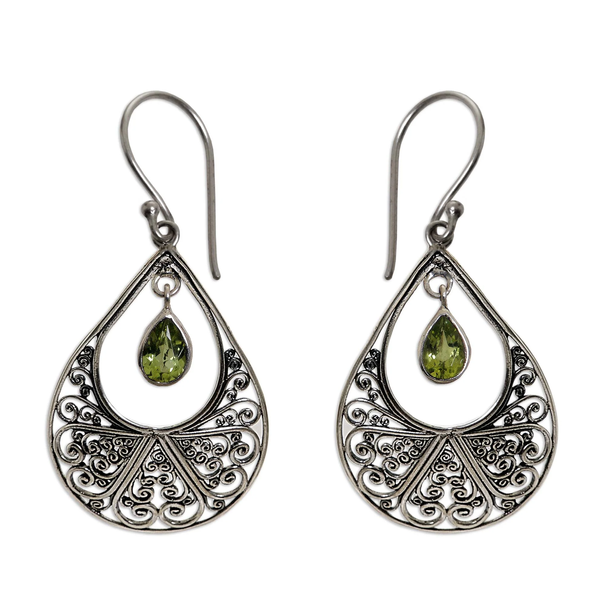 Green Tears of Happiness Hand Made Sterling Silver and Peridot Dangle Earrings - Image 2