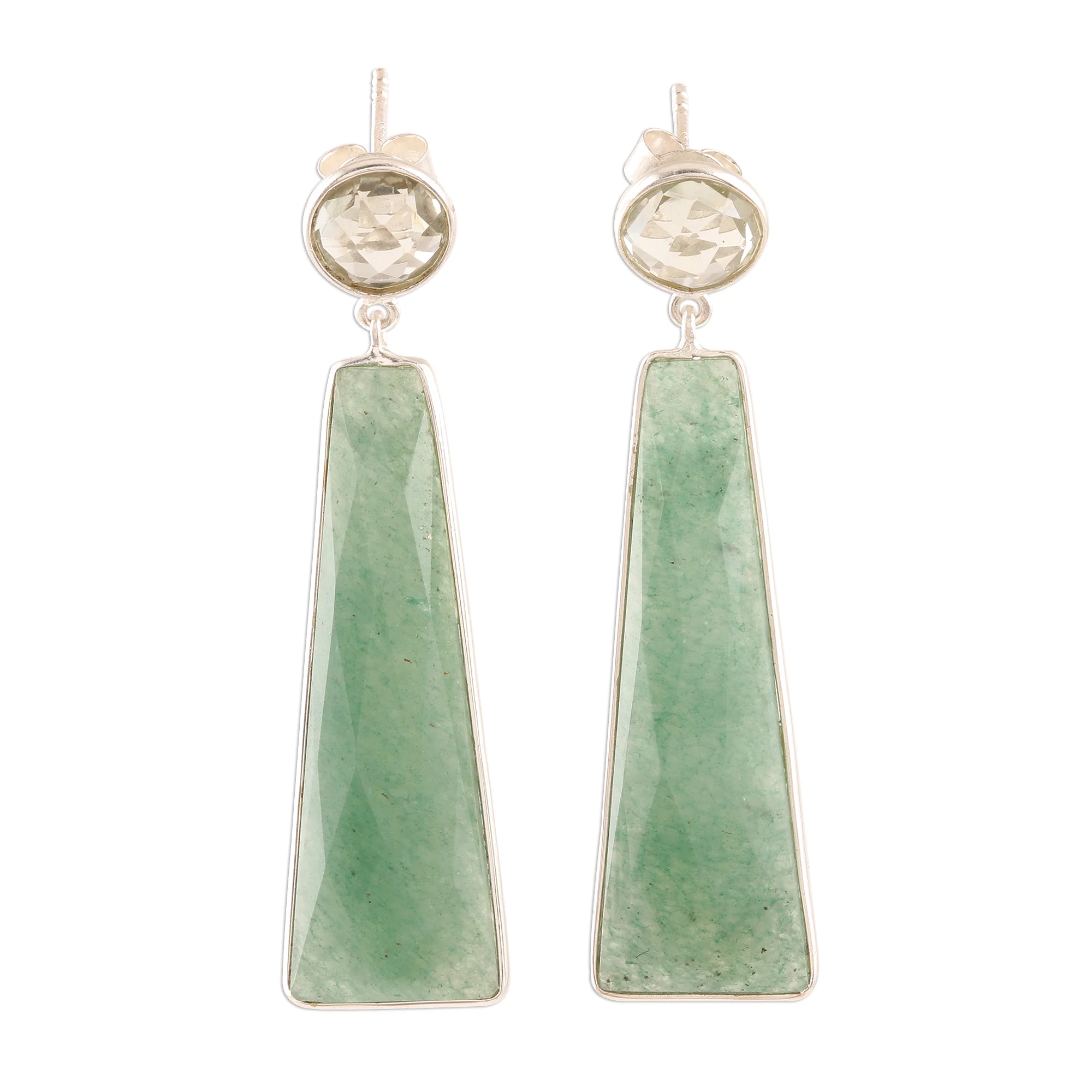 Green Towers Aventurine and Prasiolite Dangle Earrings from India - Image 2