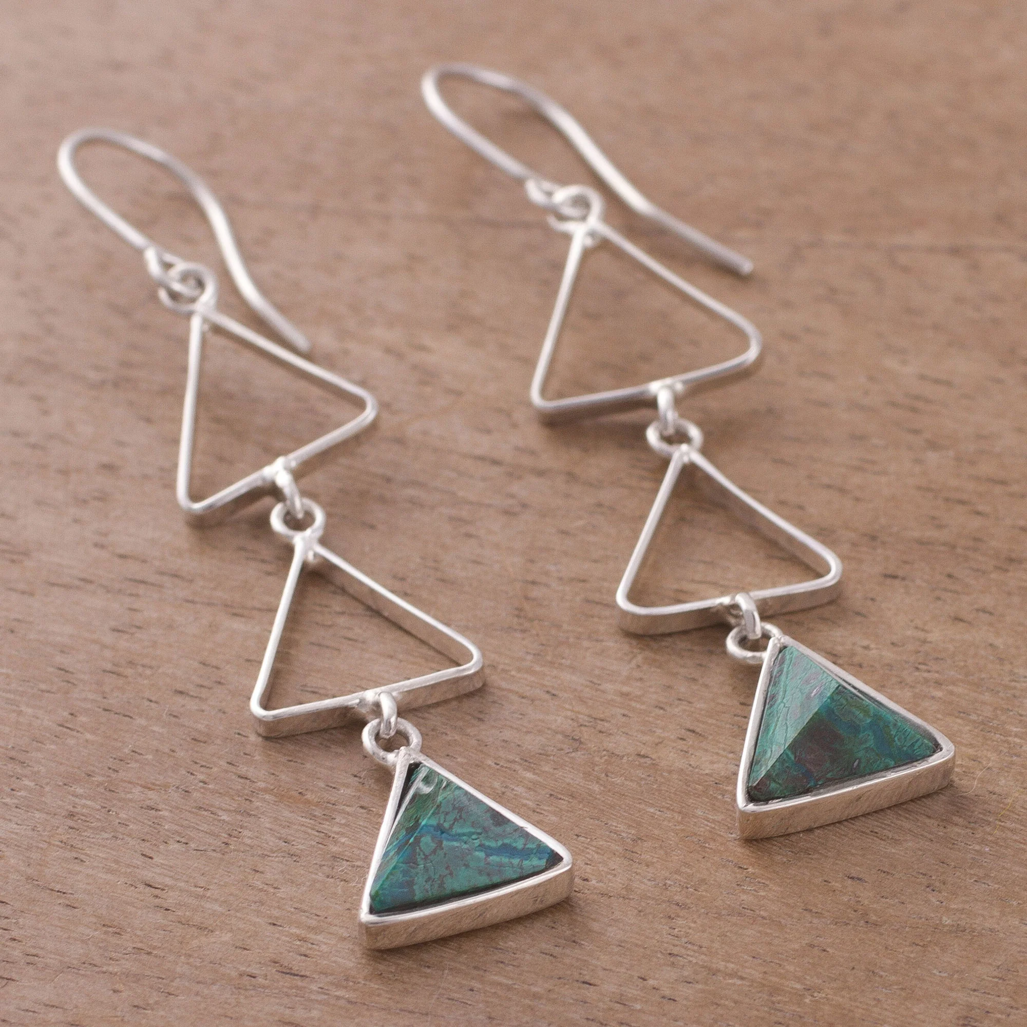 Green Triad Peruvian Sterling Silver and Chrysocolla Dangle Earrings - Image 3