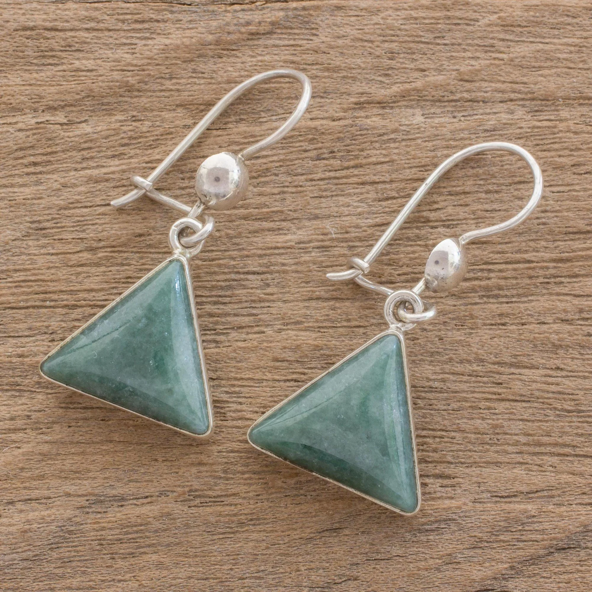 Green Triangle of Life Green Triangular Jade Dangle Earrings from Guatemala - Image 3