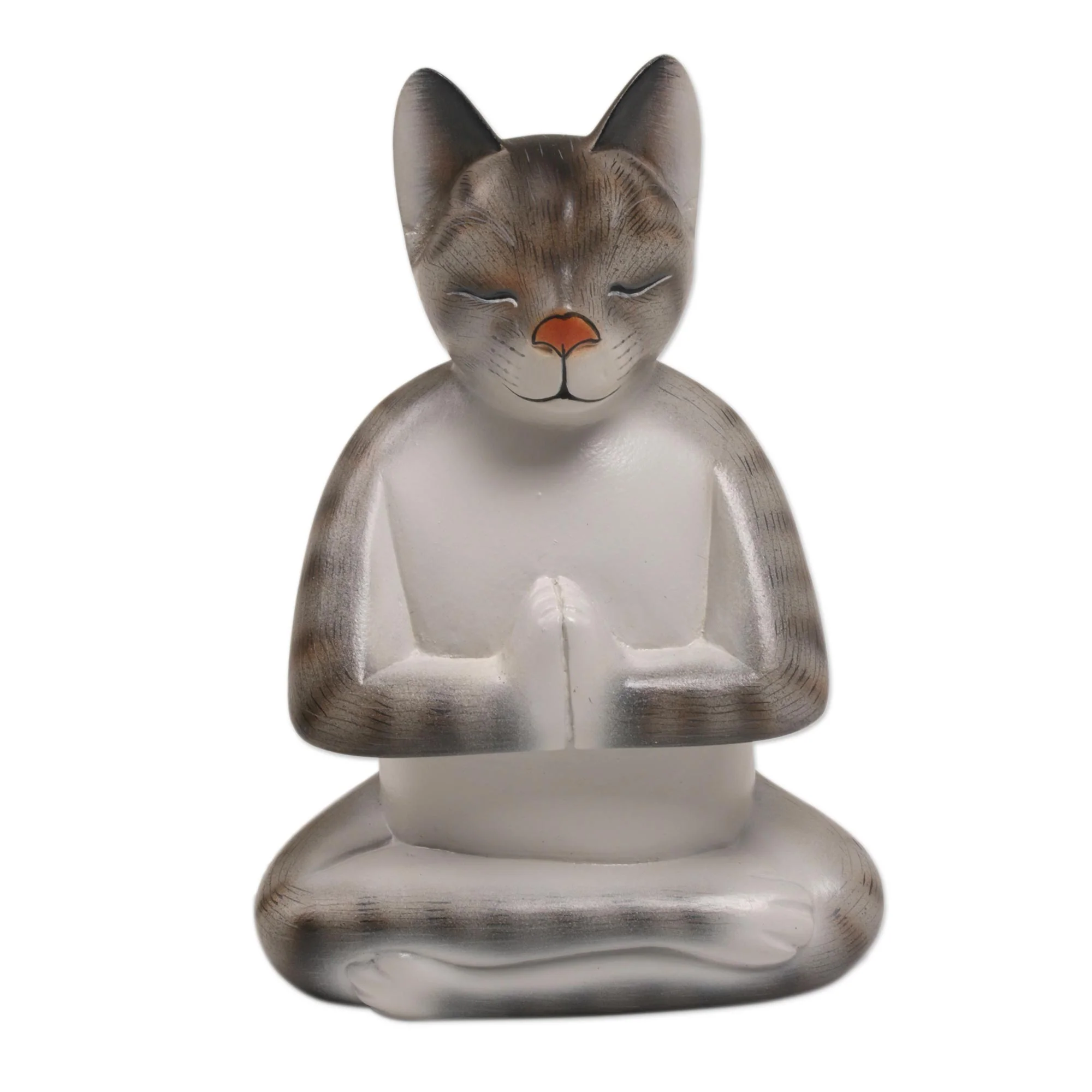 Grey Cat in Deep Meditation Painted Suar Wood Sculpture of a Meditating Cat from Bali - Image 2