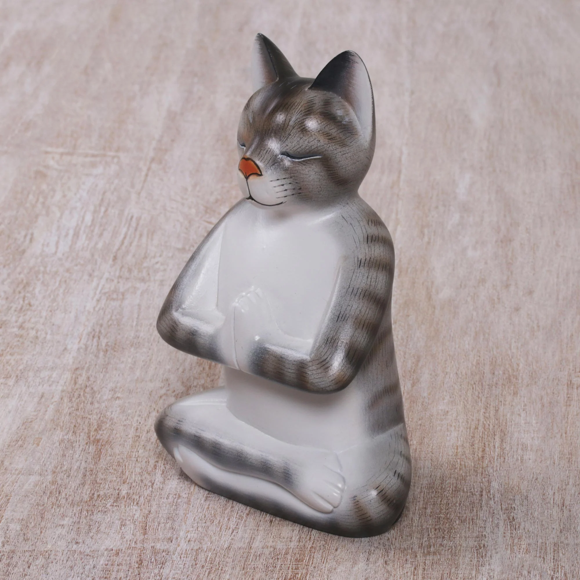 Grey Cat in Deep Meditation Painted Suar Wood Sculpture of a Meditating Cat from Bali - Image 3