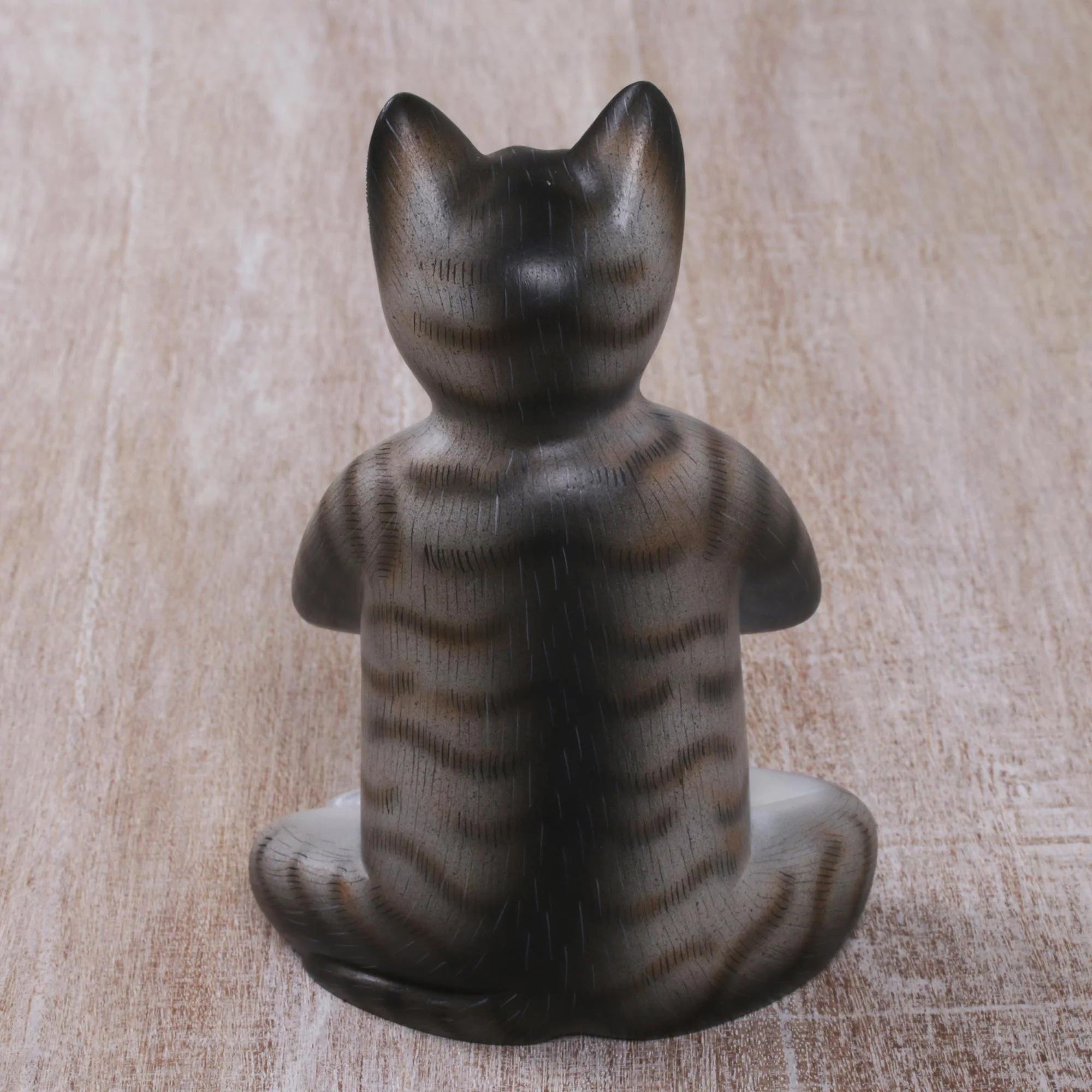 Grey Cat in Deep Meditation Painted Suar Wood Sculpture of a Meditating Cat from Bali - Image 4
