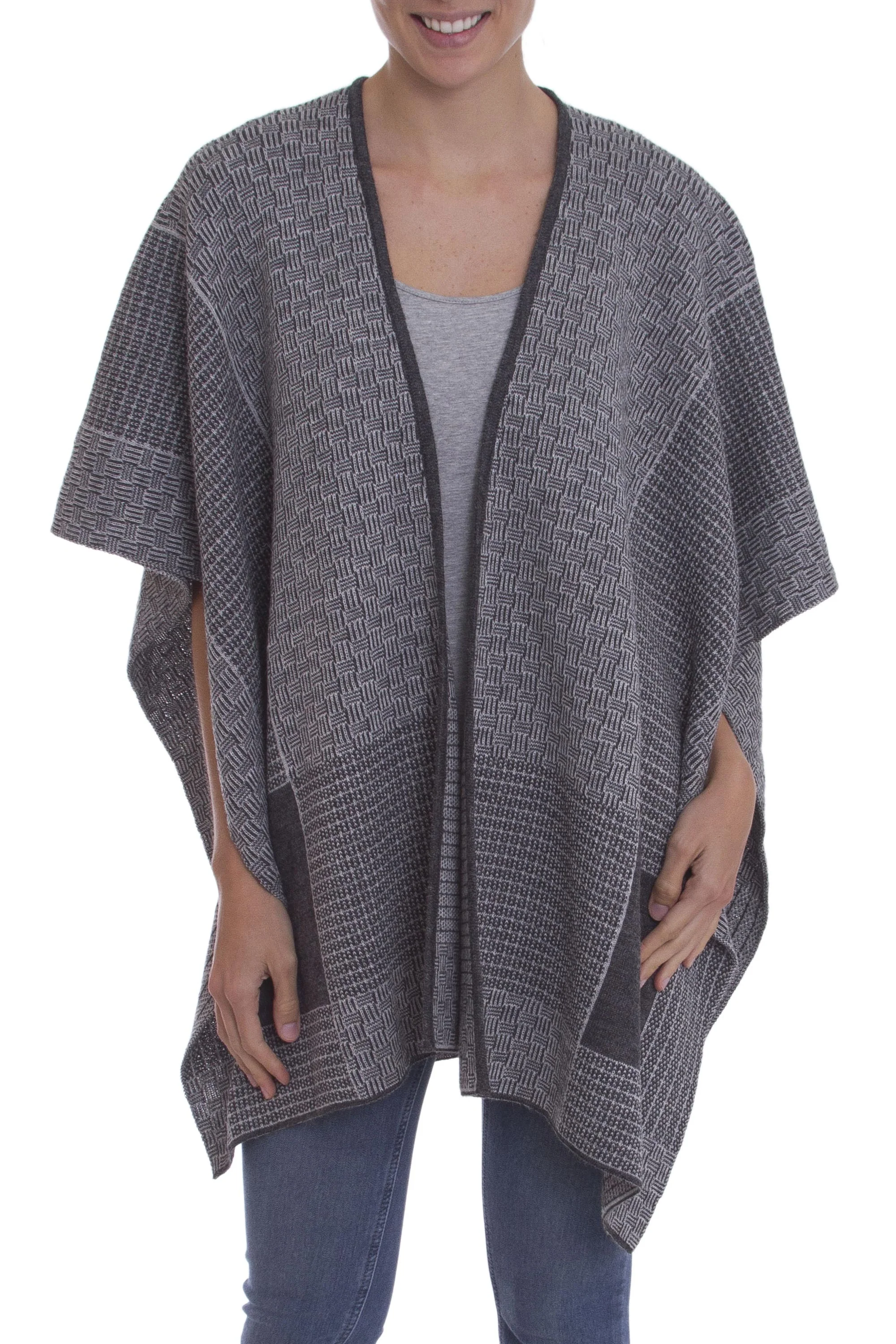 Grey Medley Peruvian Reversible Multi Patterned Grey Alpaca Blend Ruana - Image 2