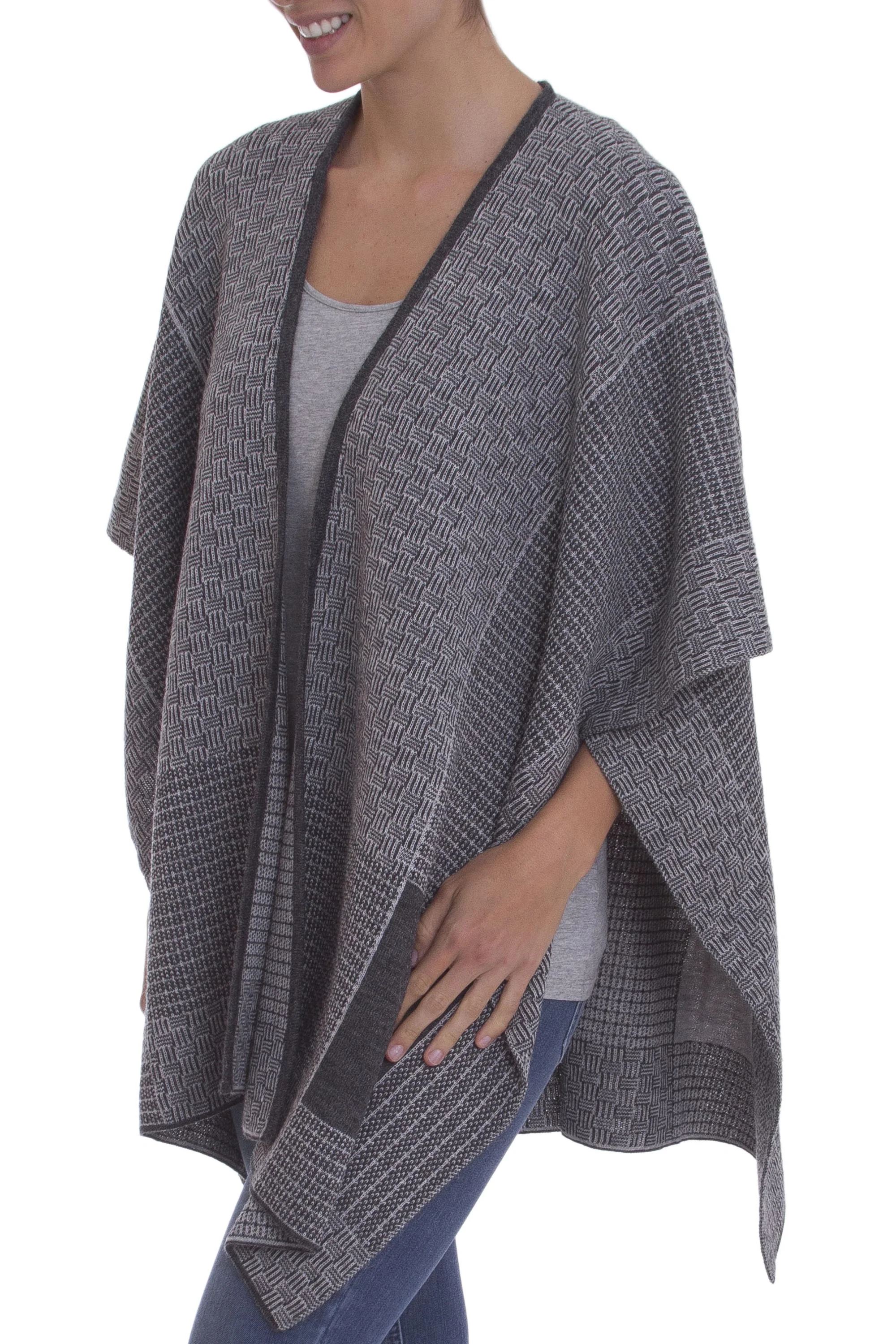 Grey Medley Peruvian Reversible Multi Patterned Grey Alpaca Blend Ruana - Image 4