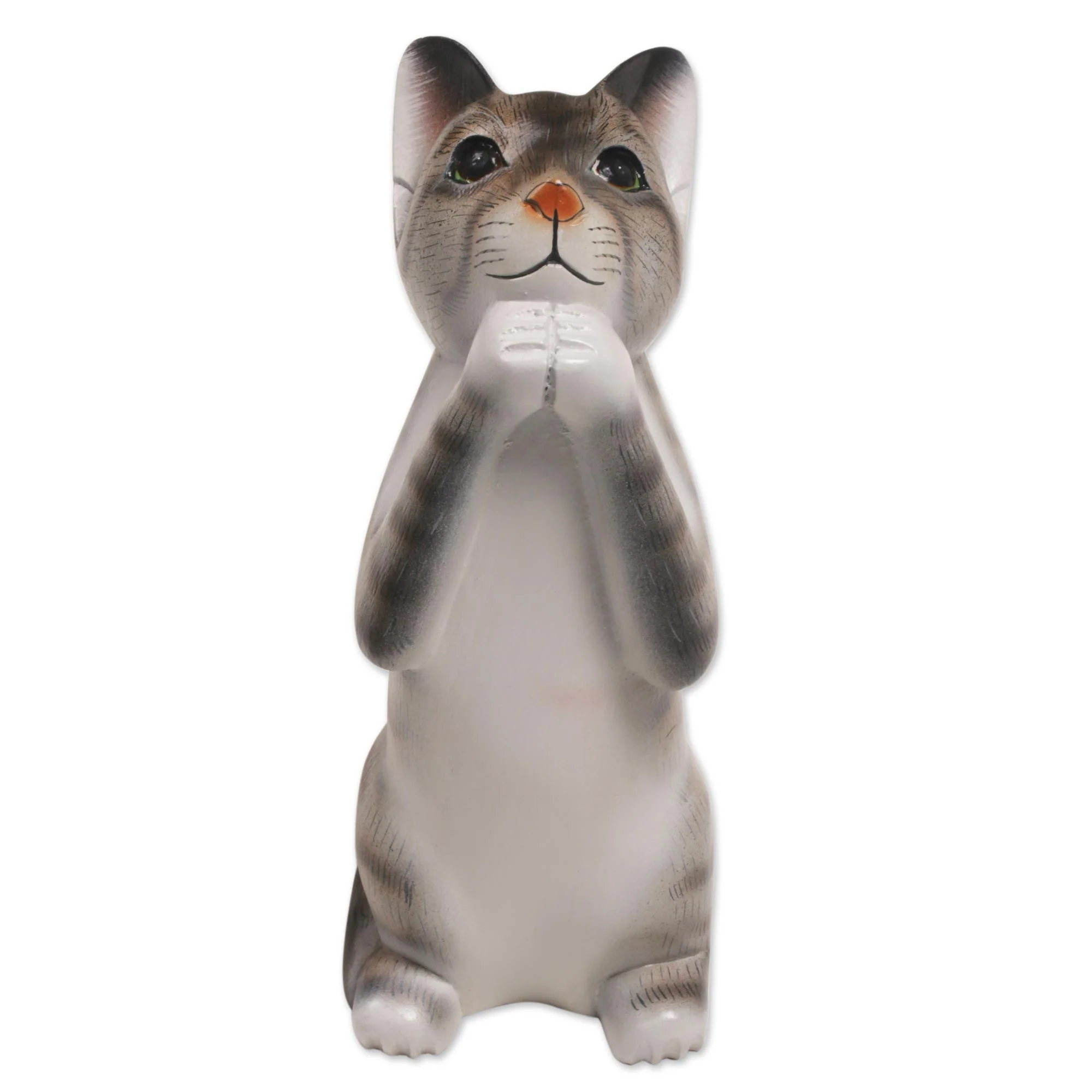 Grey Wishing Cat Painted Suar Wood Sculpture of a Wishful Grey Cat from Bali - Image 5