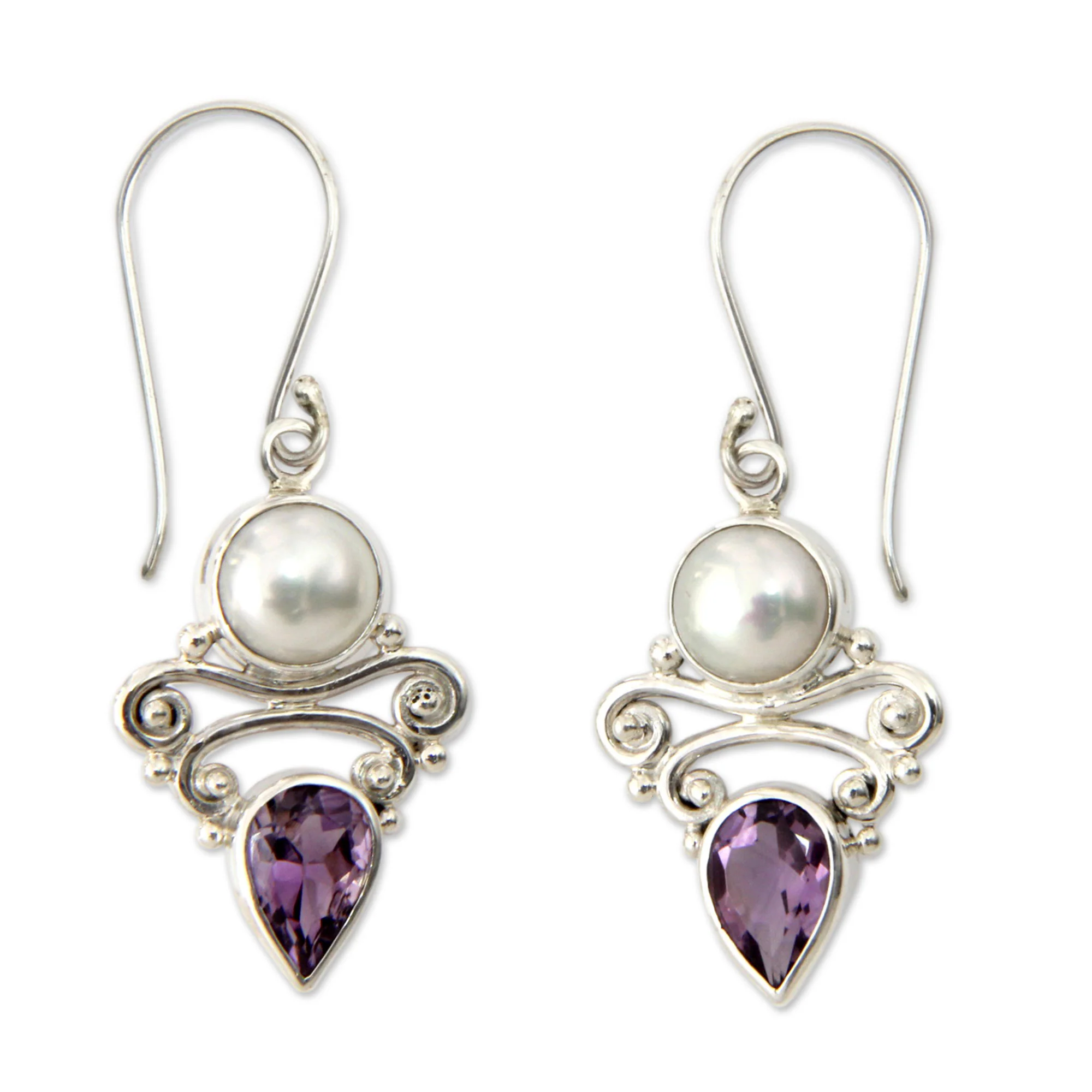 Guardian Moon Amethyst White Pearl Silver Bridal Earrings - Image 2
