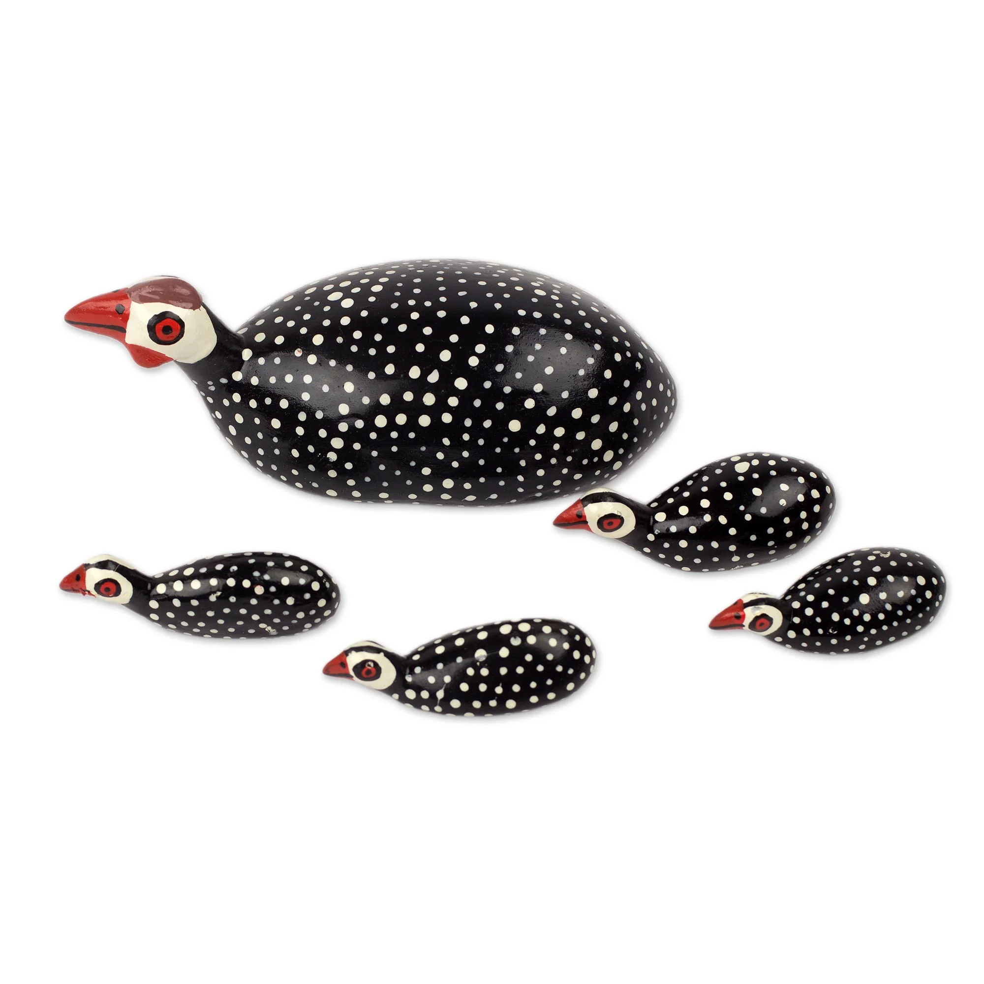 Guinea Fowl Set of 5 Hand Carved African Guinea Fowl Chicken Sculptures - Image 2