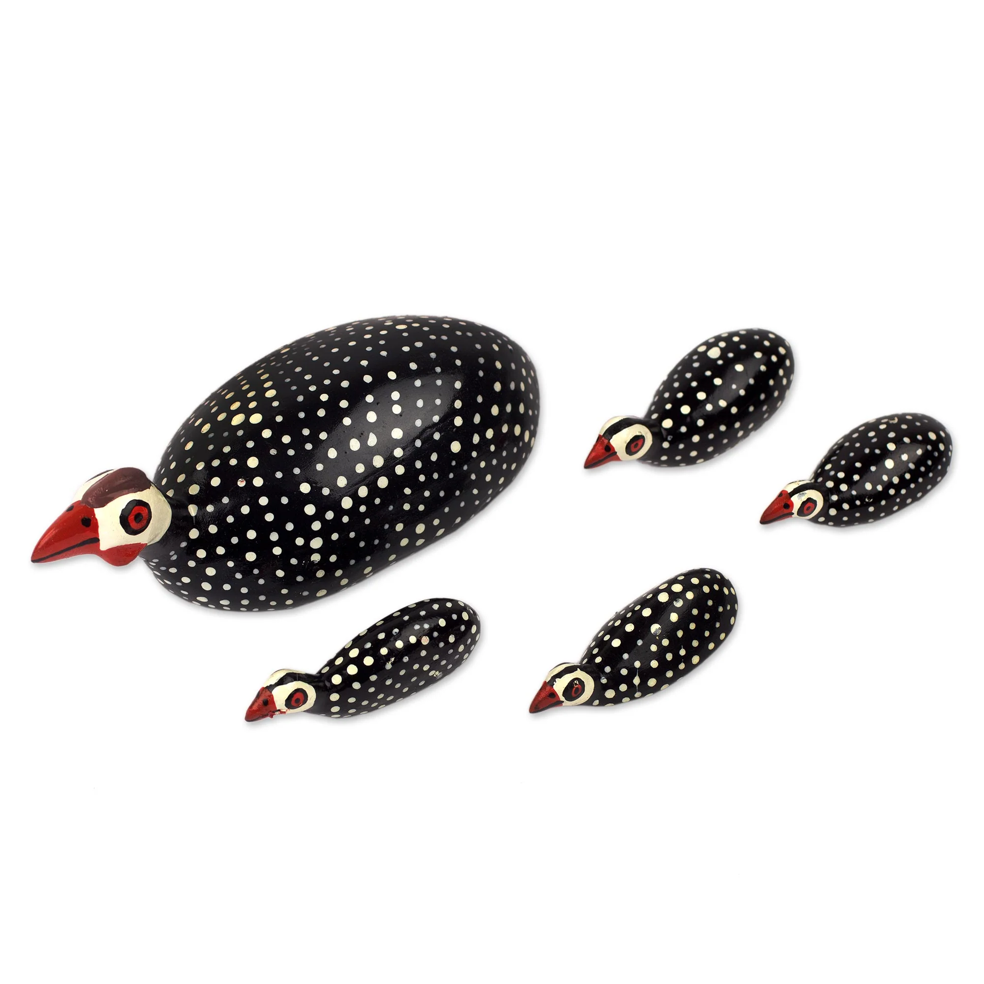 Guinea Fowl Set of 5 Hand Carved African Guinea Fowl Chicken Sculptures - Image 3