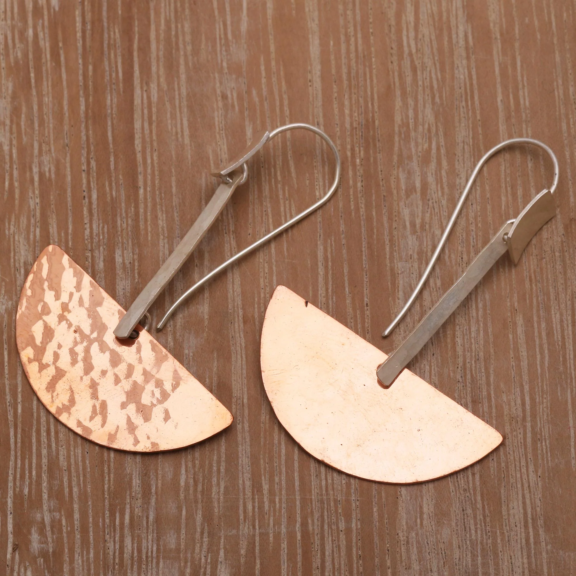 Half-Circle Modernity Modern Sterling Silver and Copper Dangle Earrings from Bali - Image 2