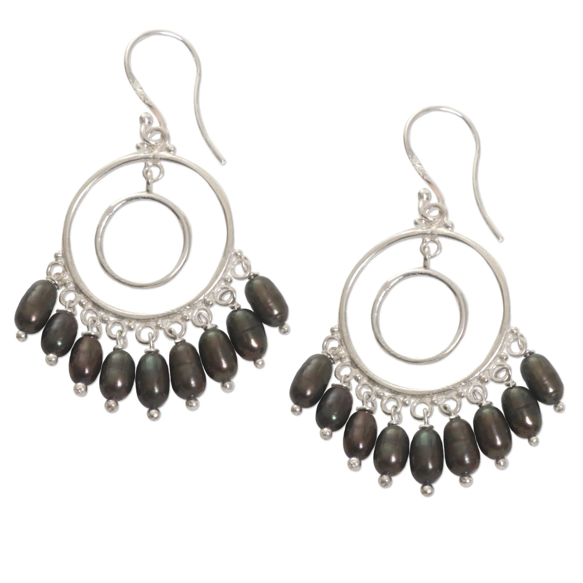 Halo Eclipse Handmade Cultured Pearl Sterling Silver Chandelier Earrings - Image 2