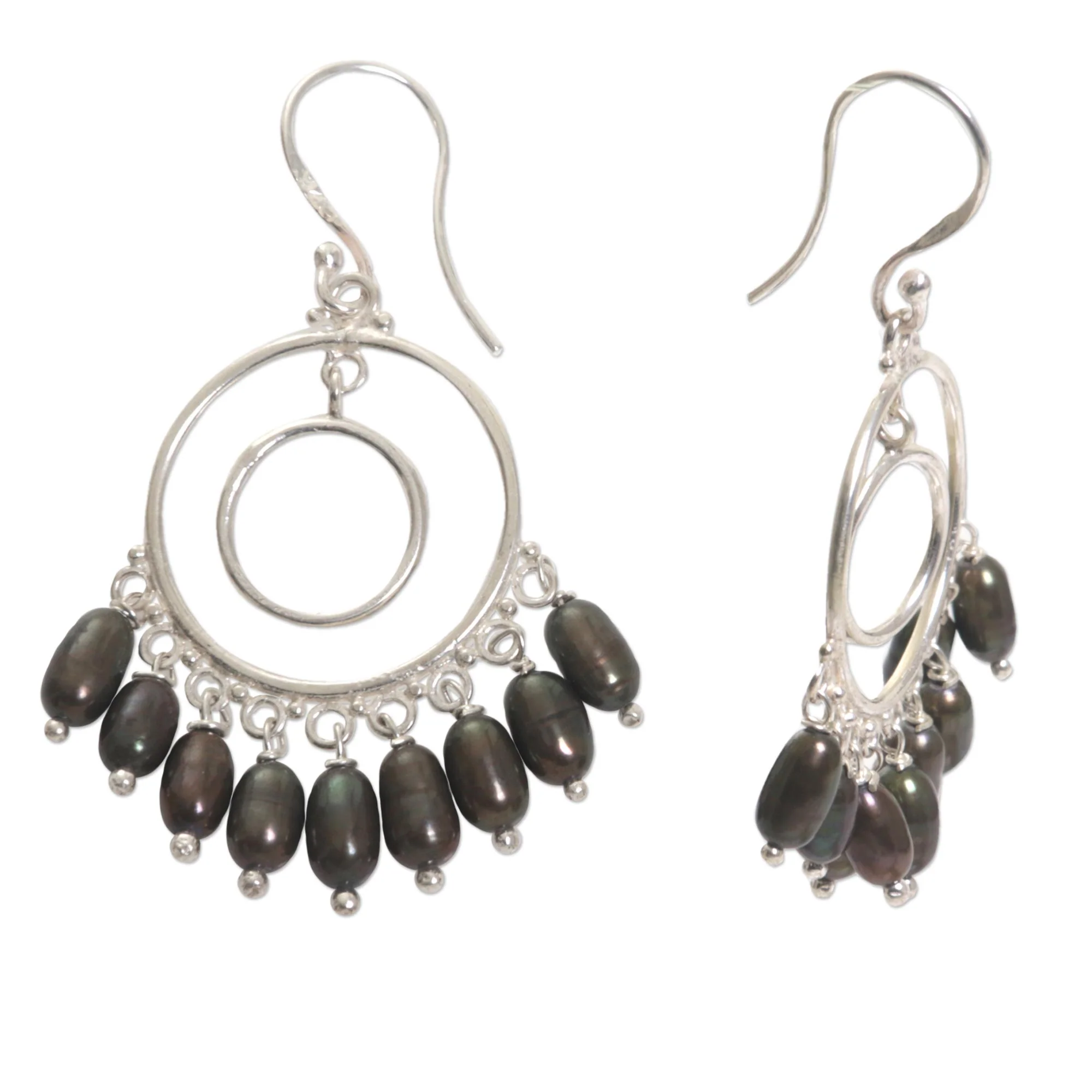 Halo Eclipse Handmade Cultured Pearl Sterling Silver Chandelier Earrings - Image 4