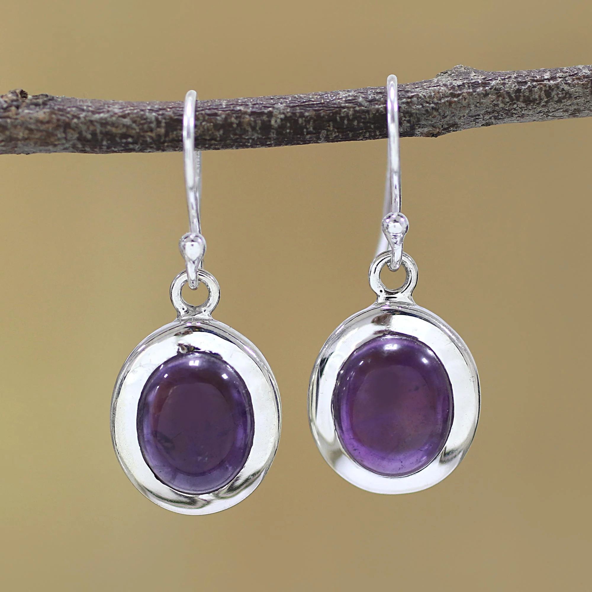 Haloed Purple Amethyst and Sterling Silver Dangle Earrings from India