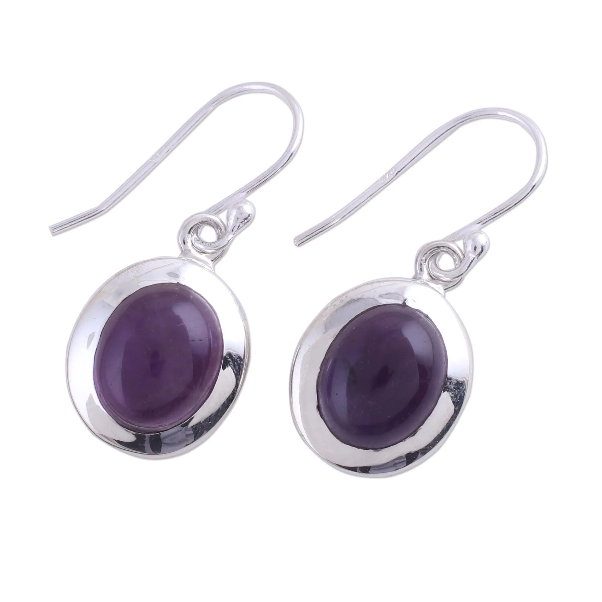 Haloed Purple Amethyst and Sterling Silver Dangle Earrings from India - Image 2