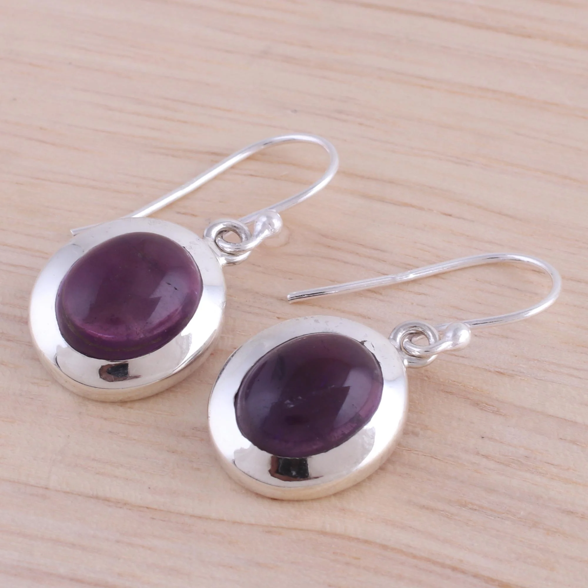 Haloed Purple Amethyst and Sterling Silver Dangle Earrings from India - Image 3