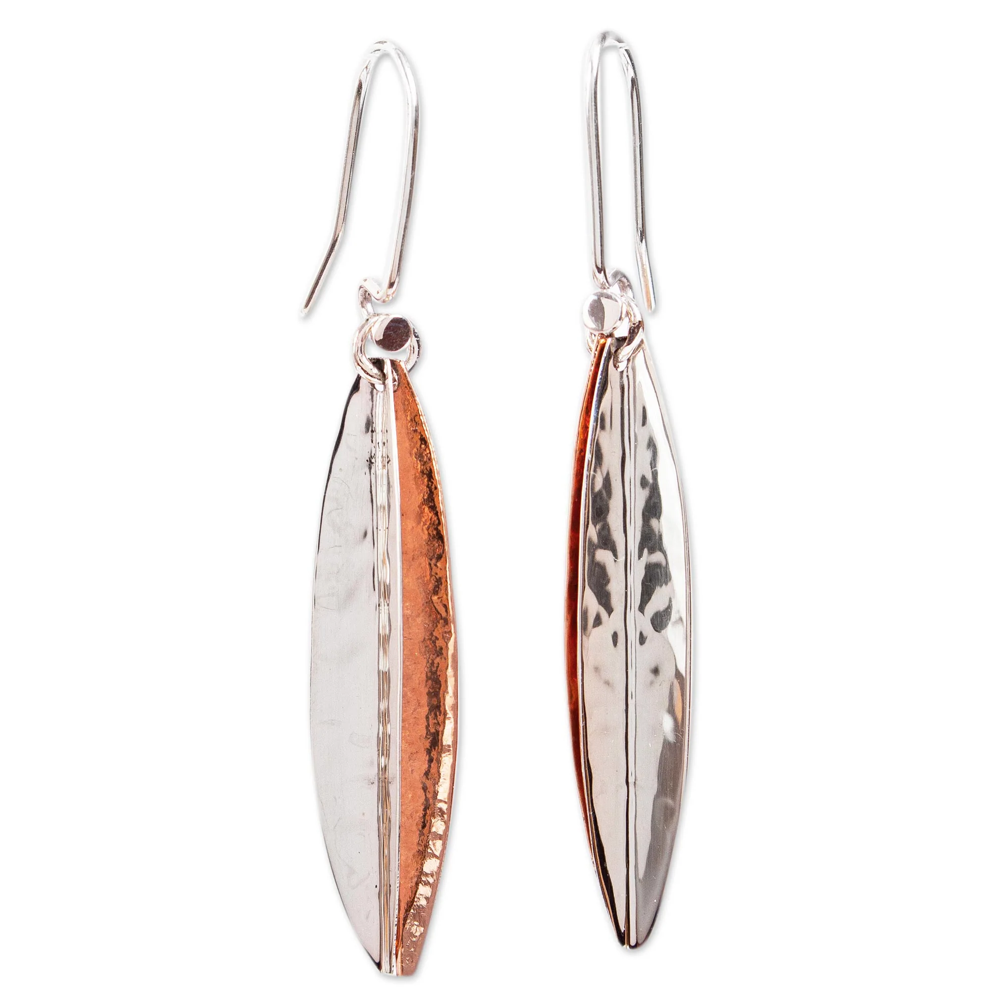Hammered Abstraction Taxco Sterling Silver and Copper Dangle Earrings from Mexico - Image 2