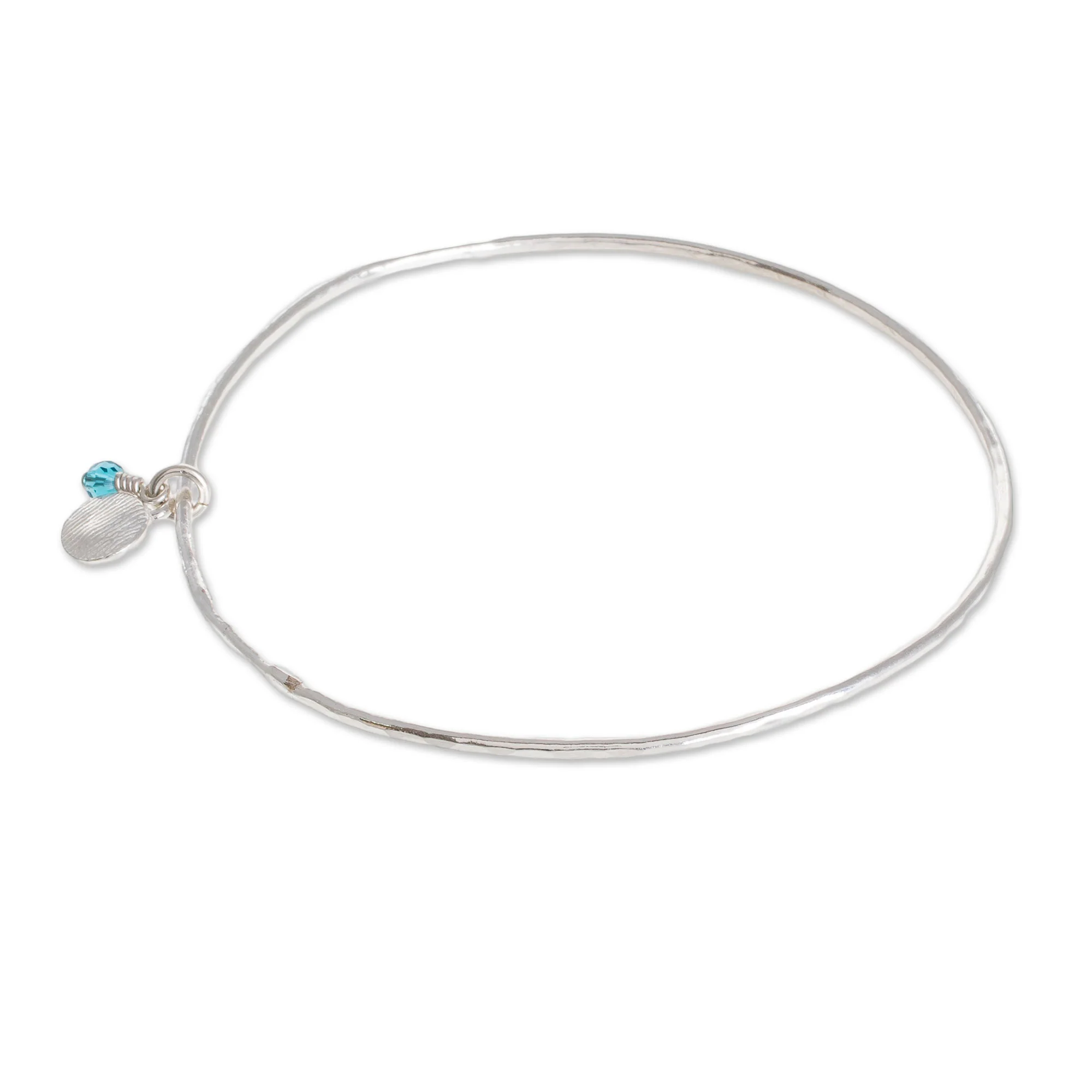 Hammered Ring in Light Blue Fine Silver Bangle Bracelet in Light Blue from Guatemala - Image 3