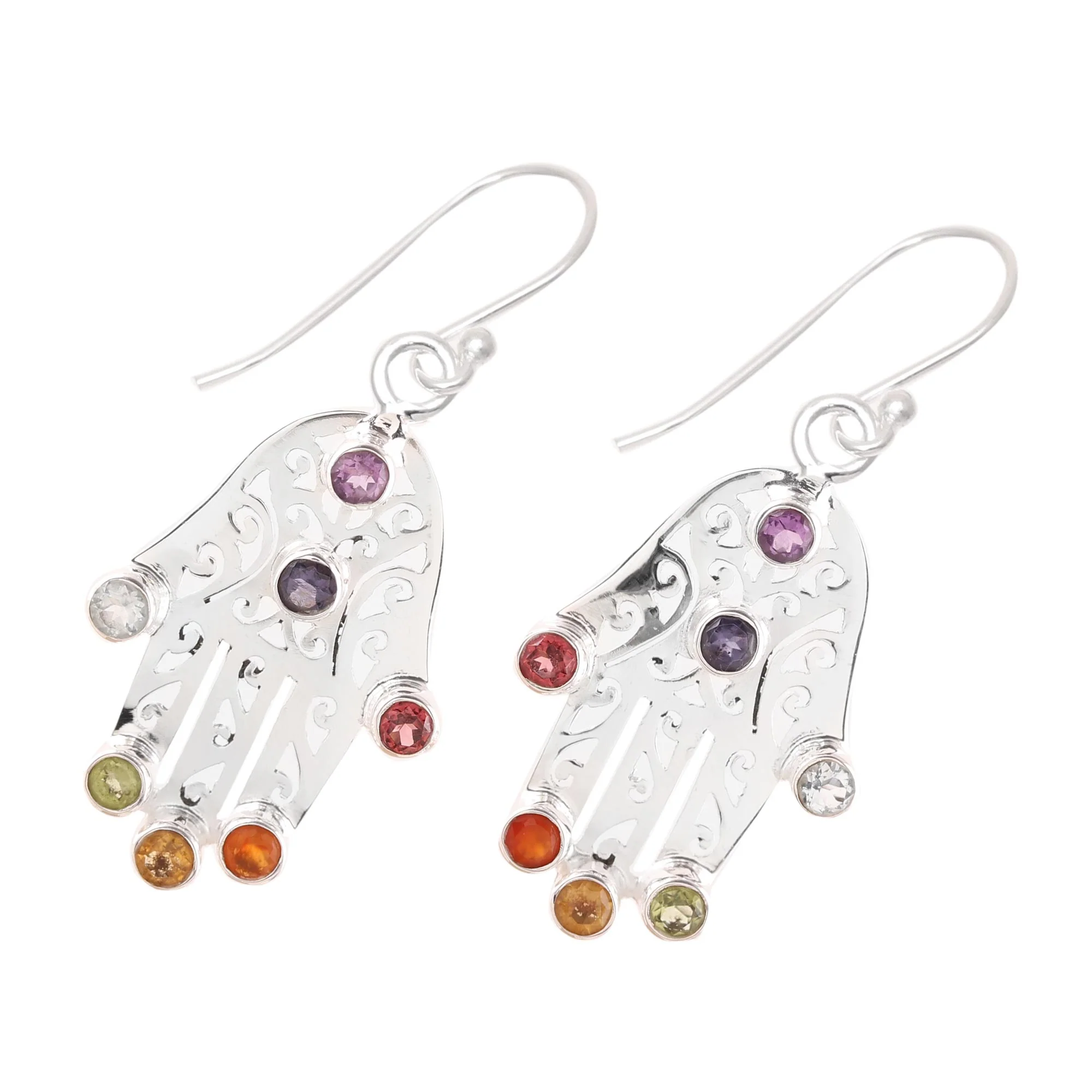 Hamsa Chakra Multi-Gemstone Hamsa Chakra Dangle Earrings from India - Image 4