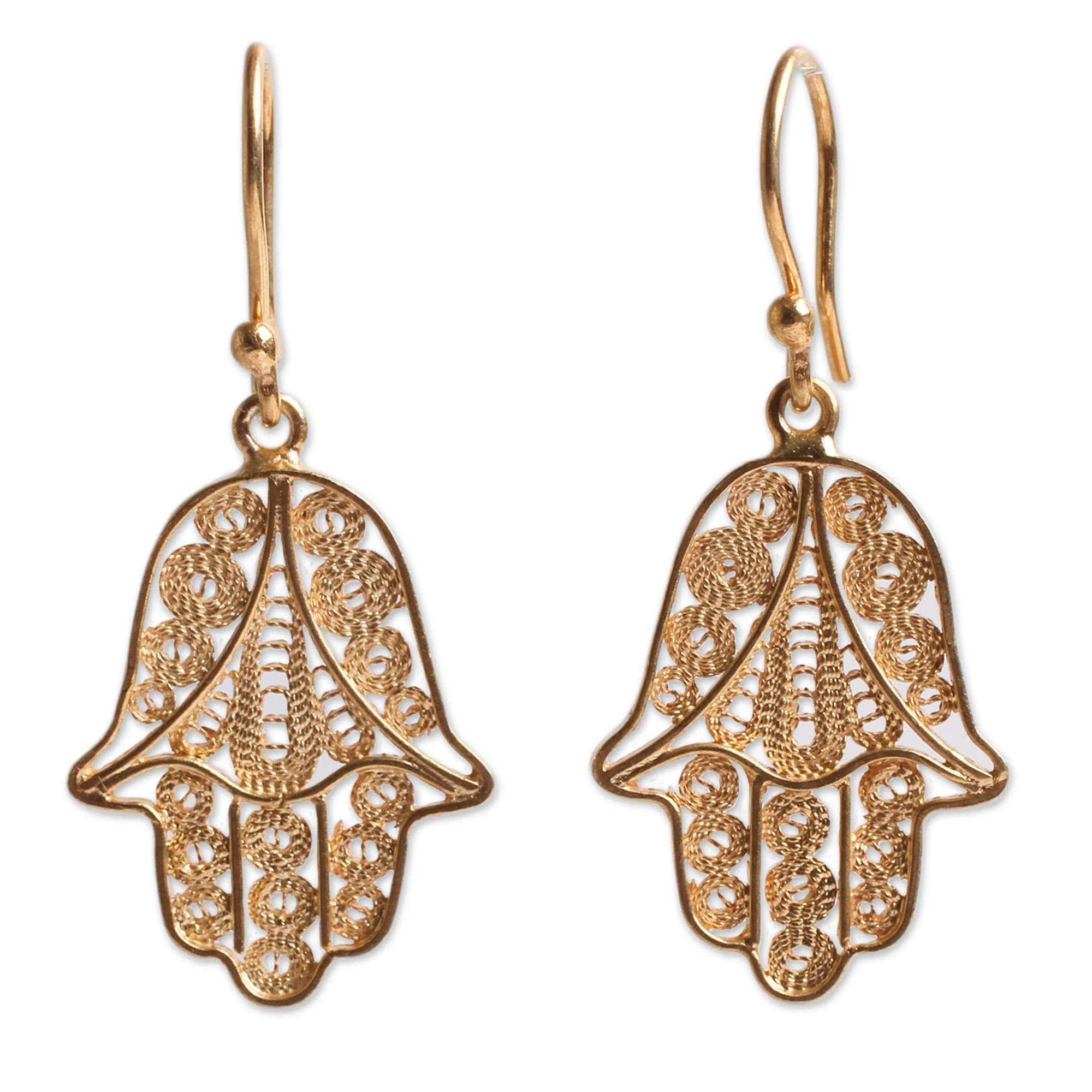 Hamsa Symbol Gold Vermeil Filigree Artisan Crafted Hamsa Symbol Earrings - Image 2