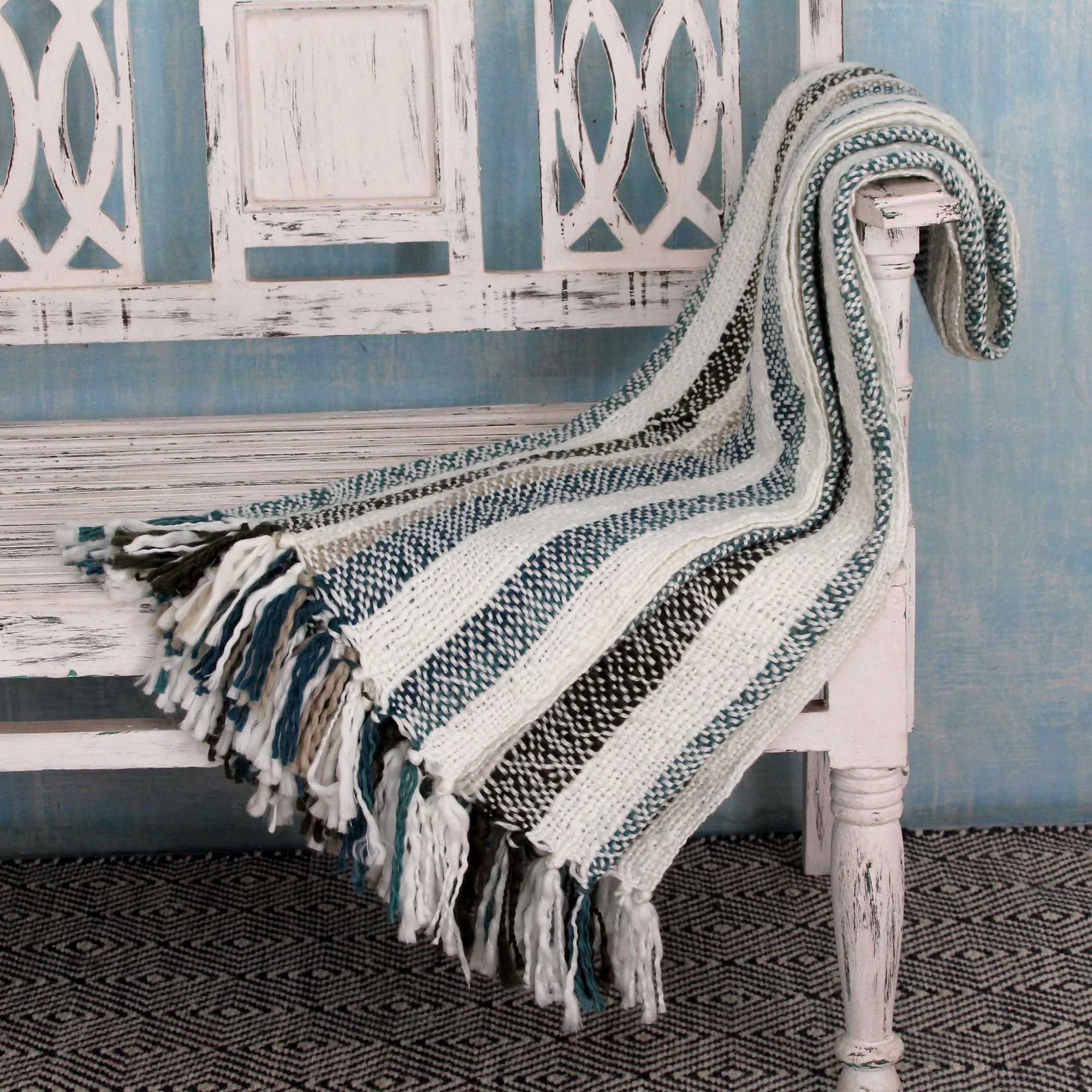 Handcrafted Teal & Beige Throw Blanket