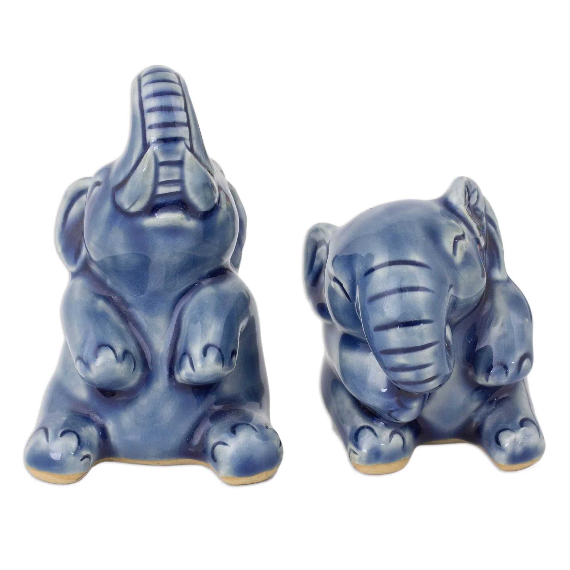 Happy Blue Elephants Hand Crafted Celadon Ceramic Sculptures (Pair) - Image 3