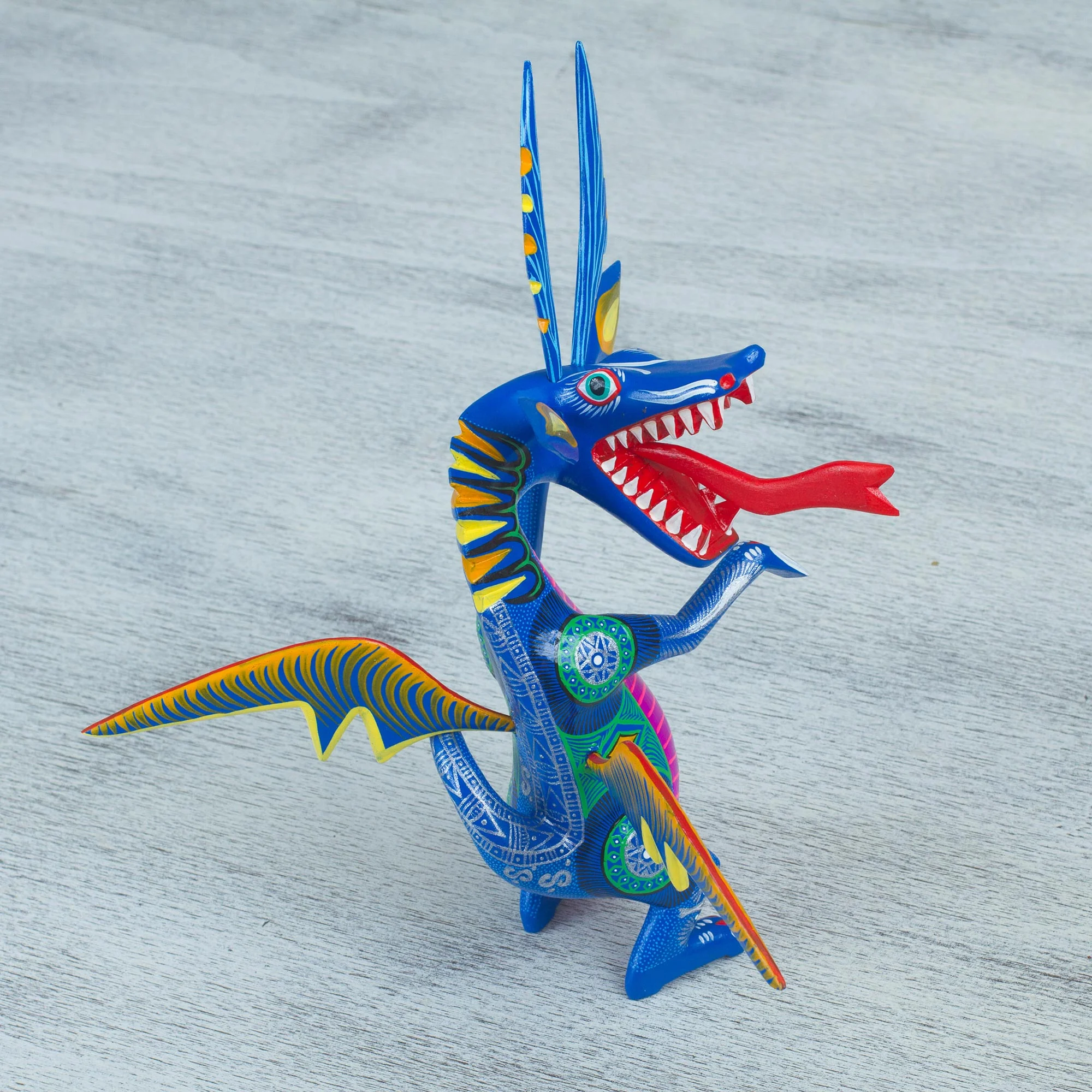 Happy Dragon Hand-Painted Wood Dragon Alebrije from Mexico - Image 3