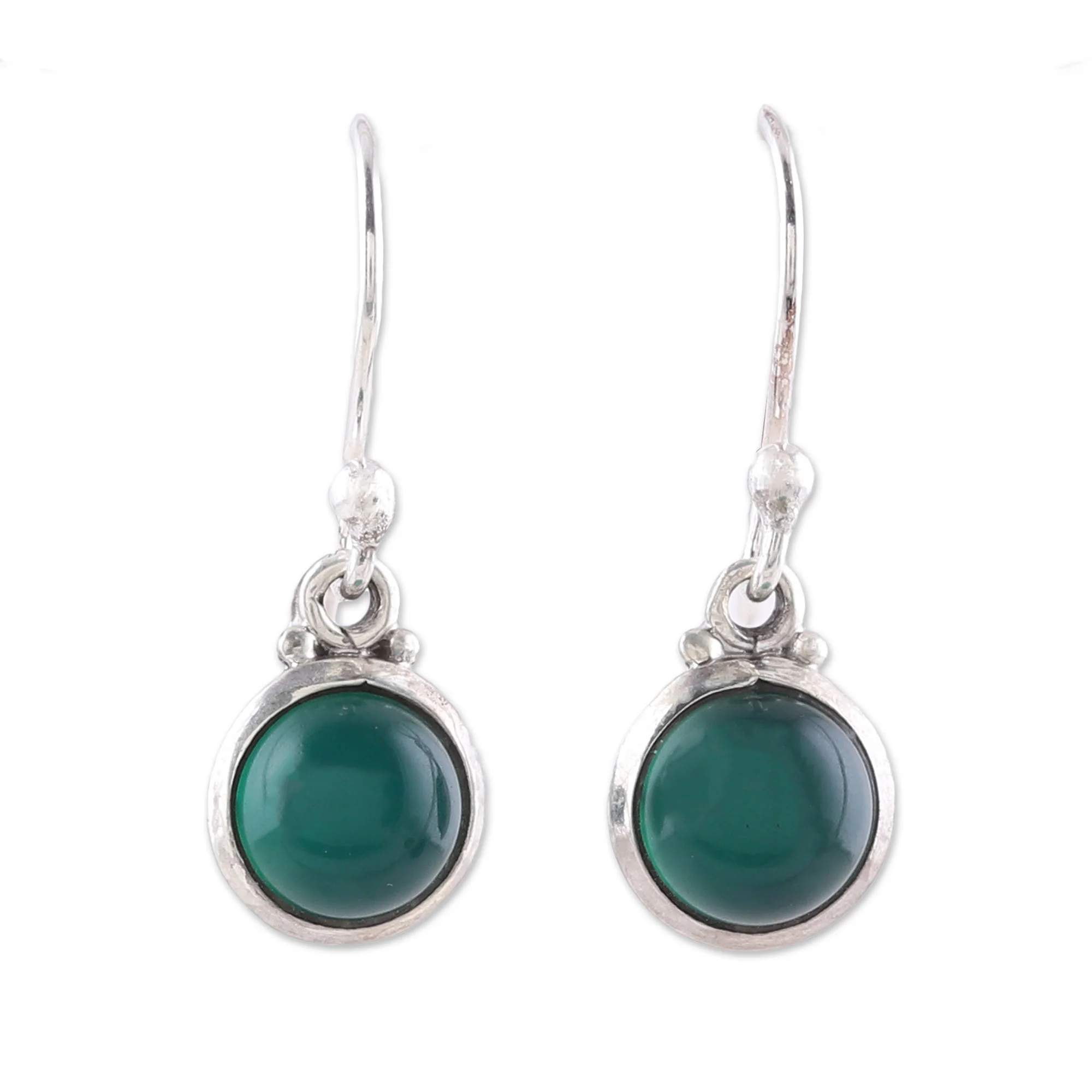 Happy Glow Round Green Onyx Dangle Earrings from India - Image 2