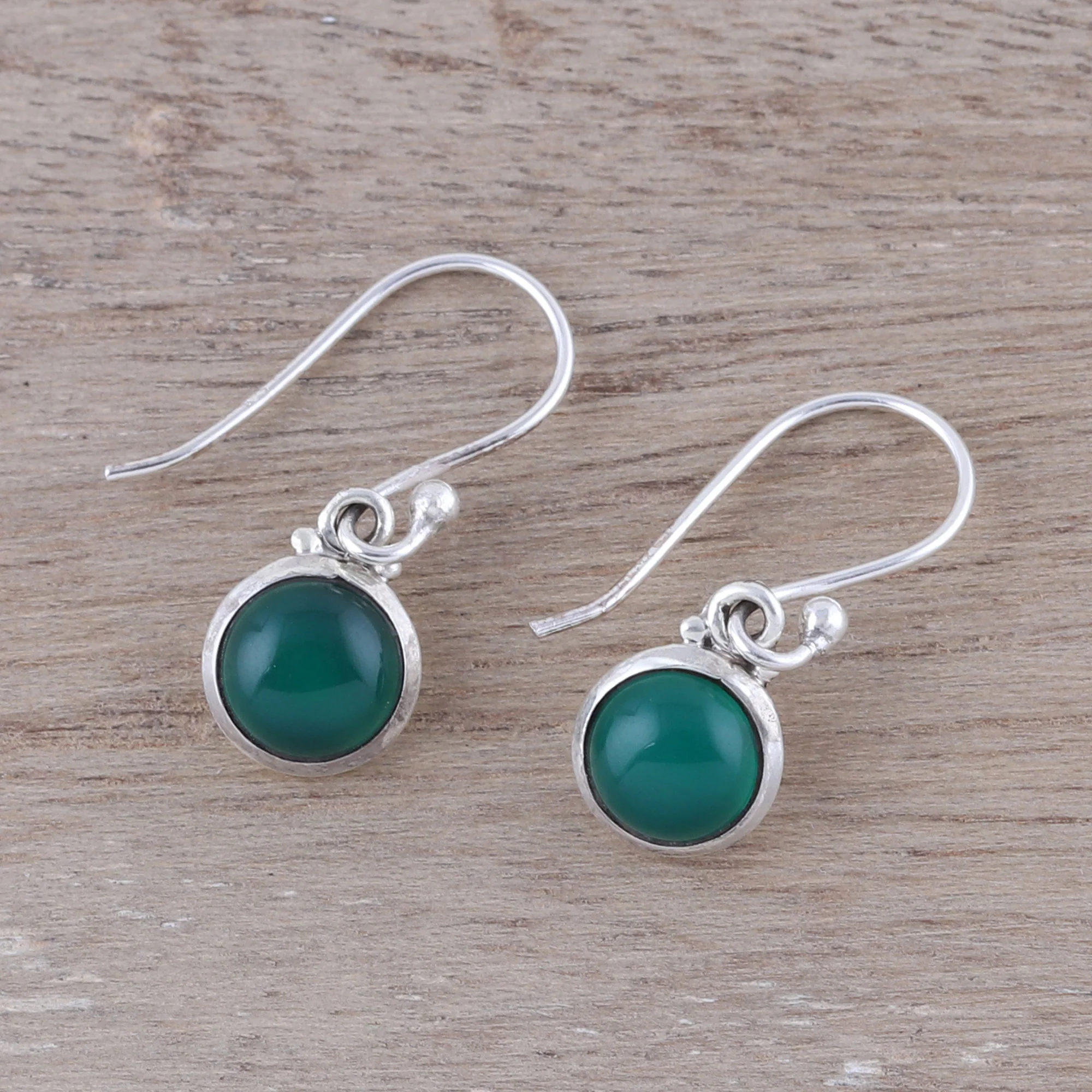 Happy Glow Round Green Onyx Dangle Earrings from India - Image 3