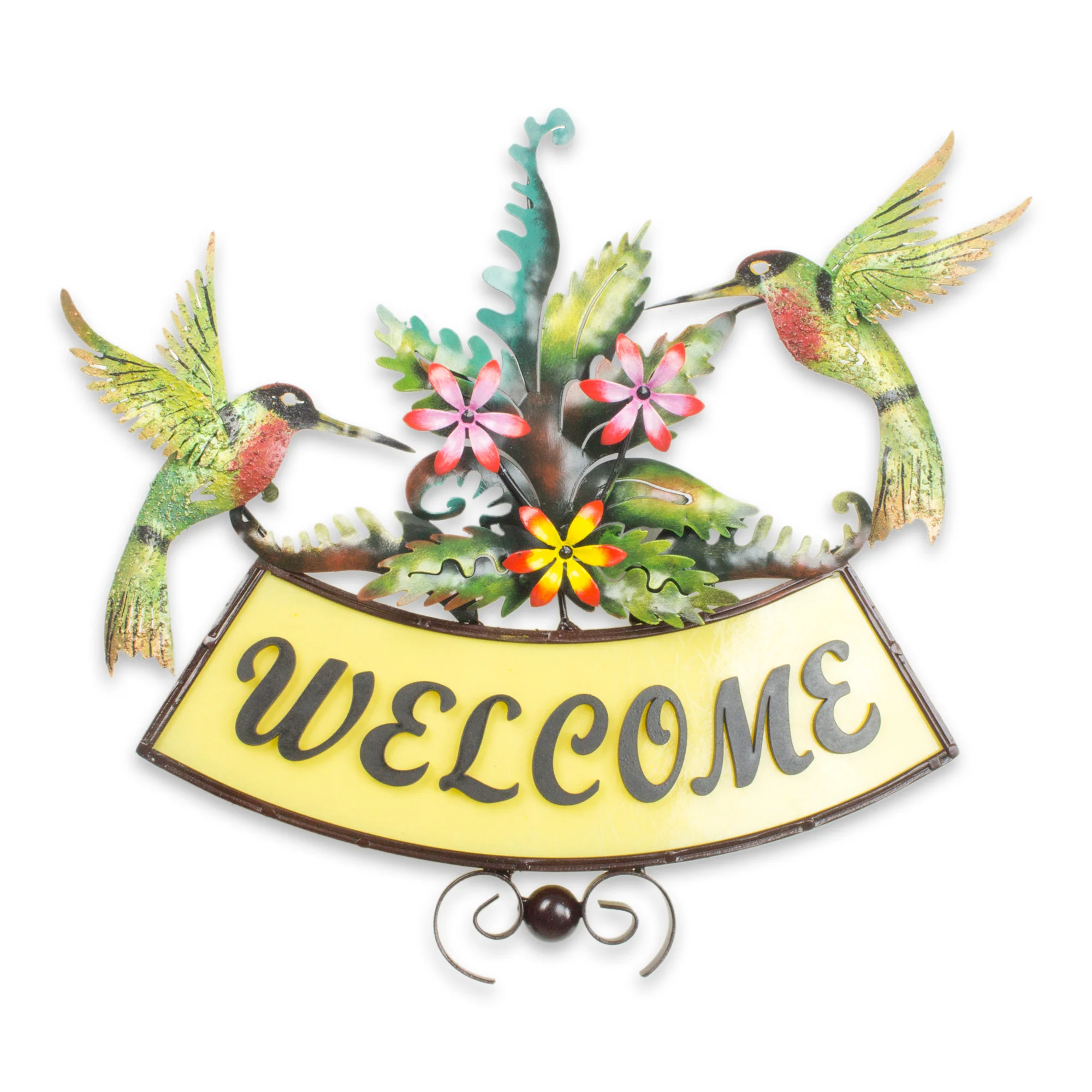 Happy Hummingbirds Iron Birds and Flowers on Hand Crafted Welcome Sign - Image 2
