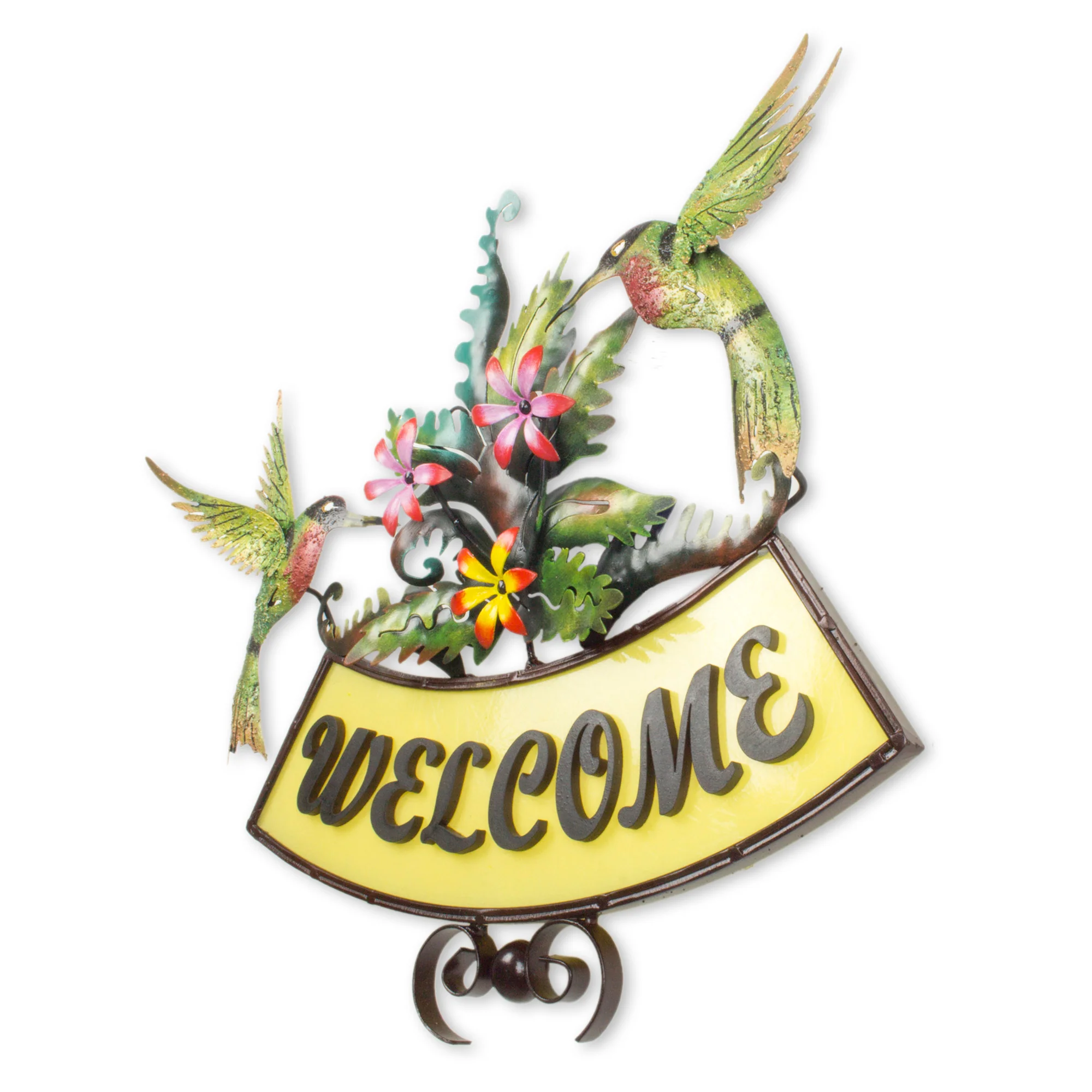 Happy Hummingbirds Iron Birds and Flowers on Hand Crafted Welcome Sign - Image 3